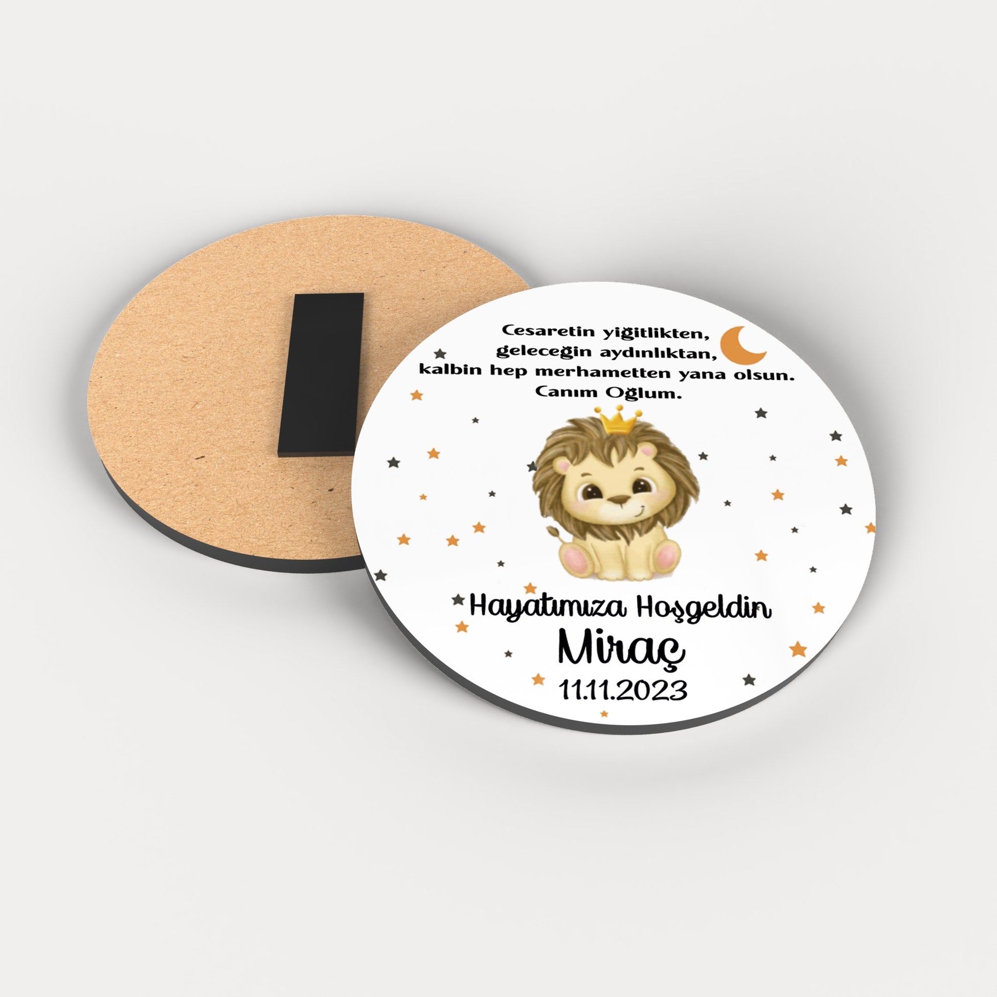 Aslan Temalı Yuvarlak Ahşap Magnet