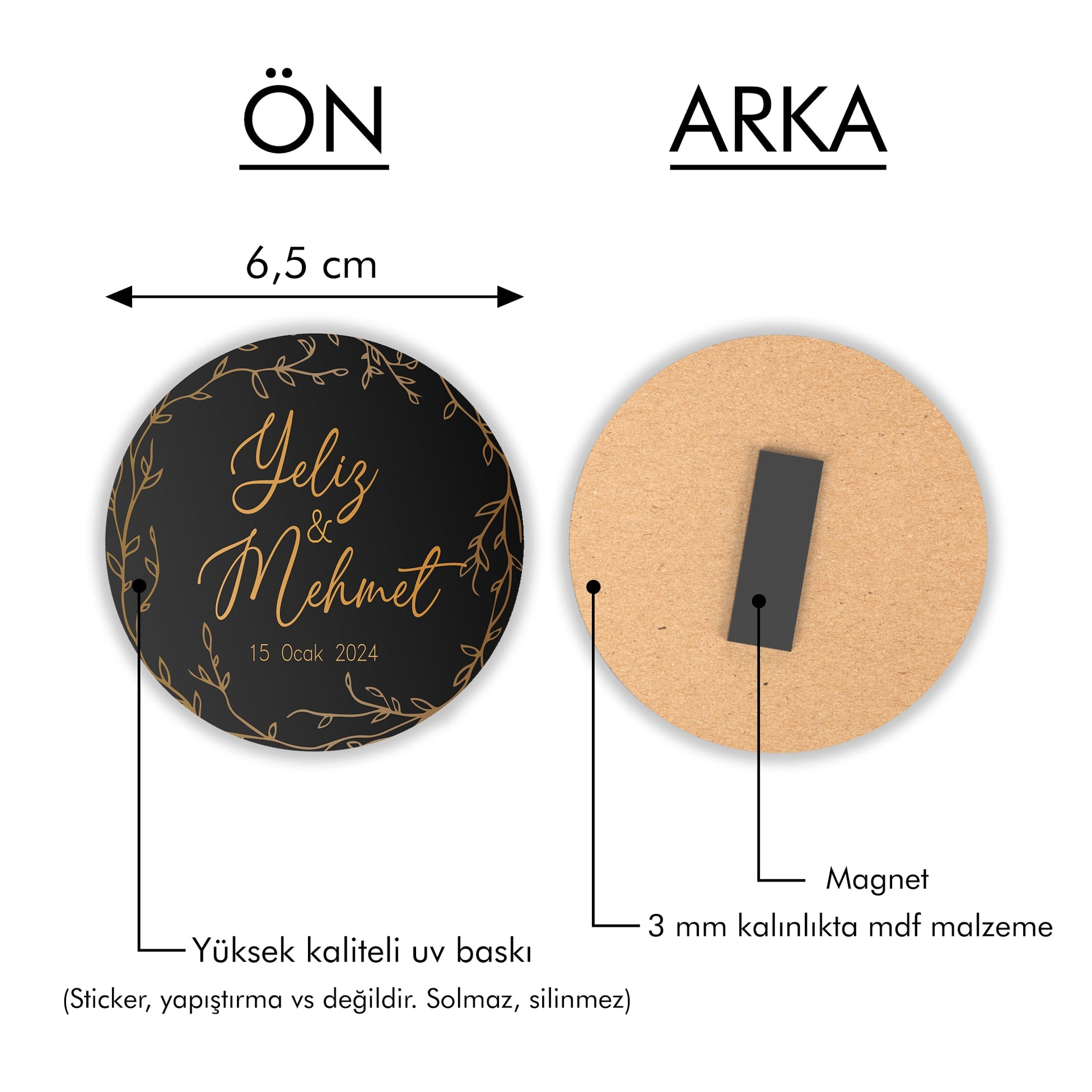 Siyah Gold Desenli Yuvarlak Ahşap Magnet