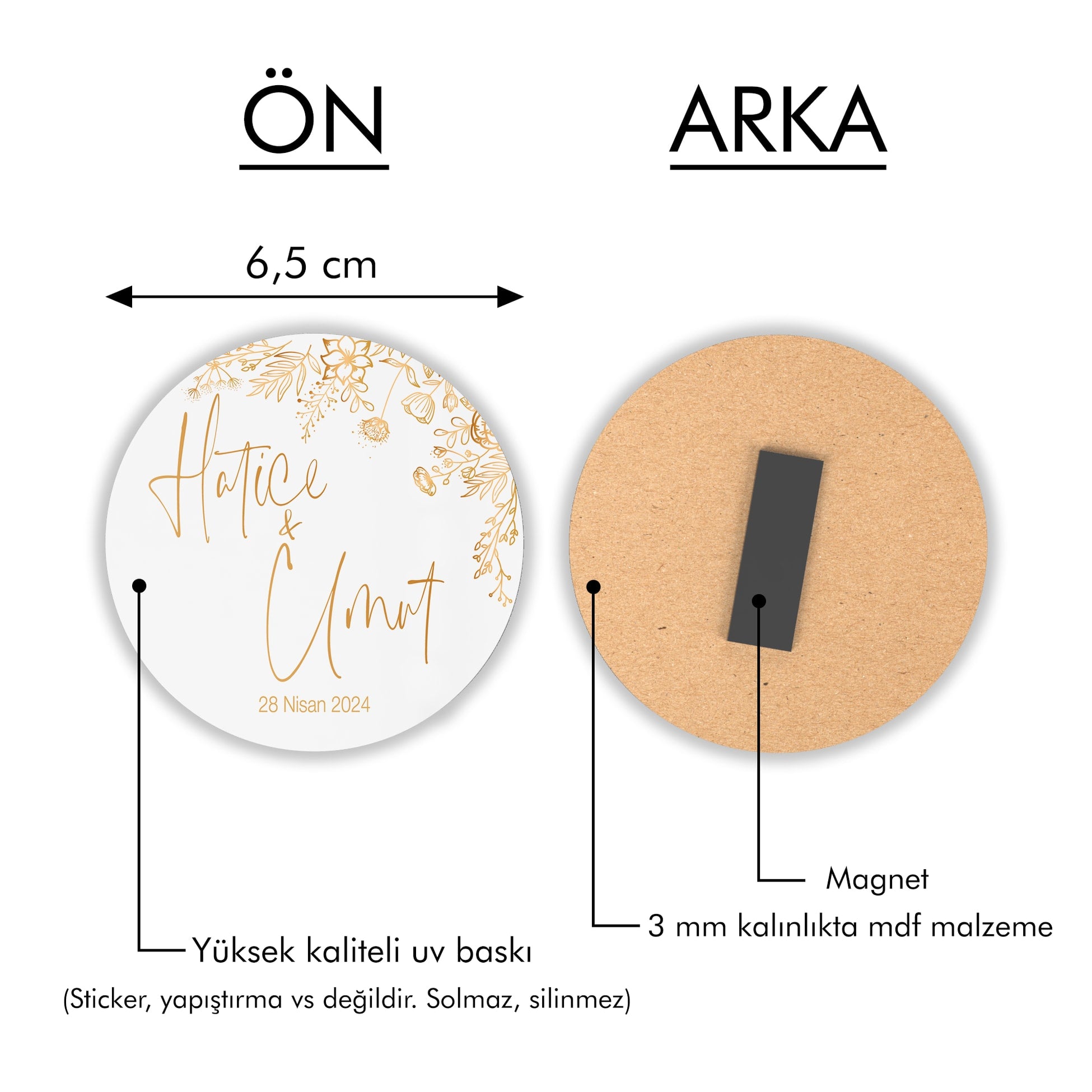 Minimal Gold Çiçek Desenli Yuvarlak Ahşap Magnet
