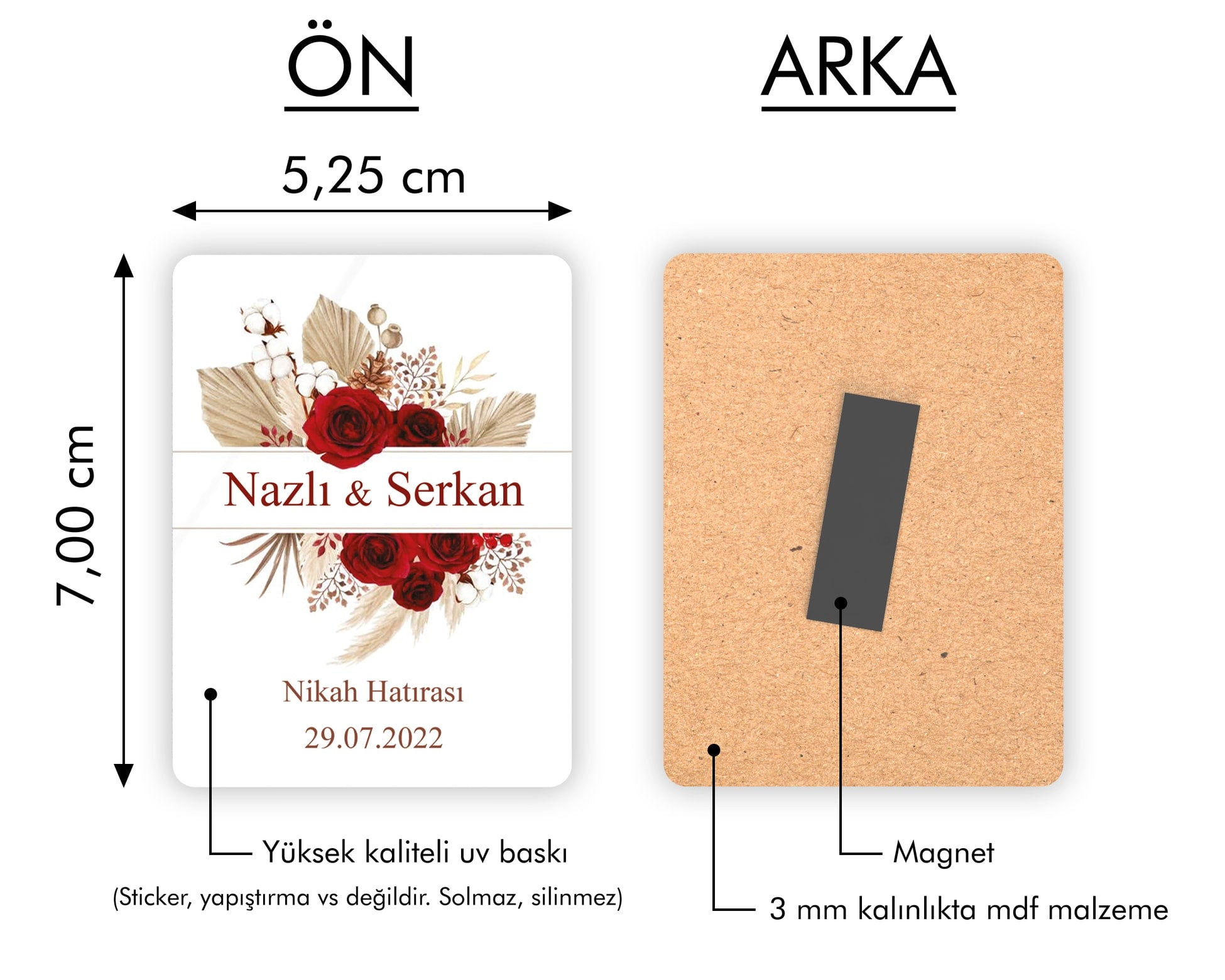 Pampas Ve Kırmızı Gül Desenli Ahşap Magnet