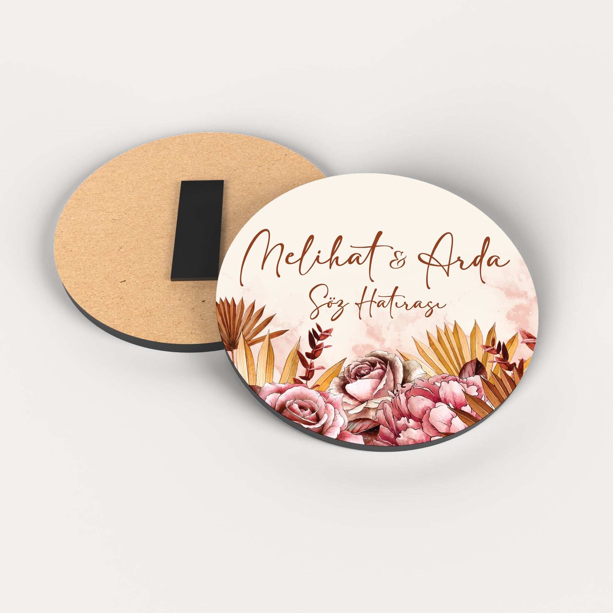 Gold Pembe Çiçek Desenli Yuvarlak Ahşap Magnet