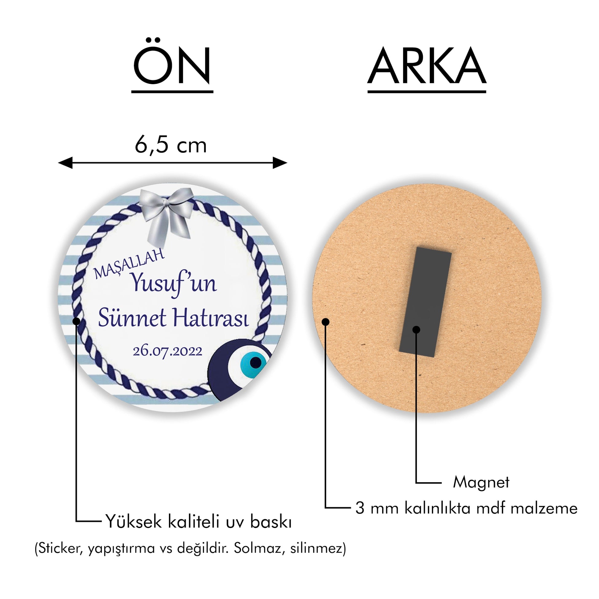 Nazar Boncuklu Sünnet Temalı Yuvarlak Ahşap Magnet