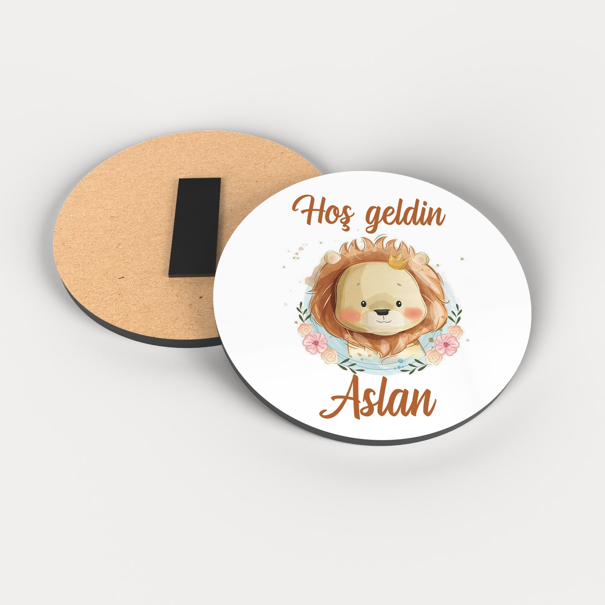 Aslan Temalı Yuvarlak Ahşap Magnet
