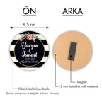 Siyah Beyaz Çiçek Desenli Yuvarlak Ahşap Magnet