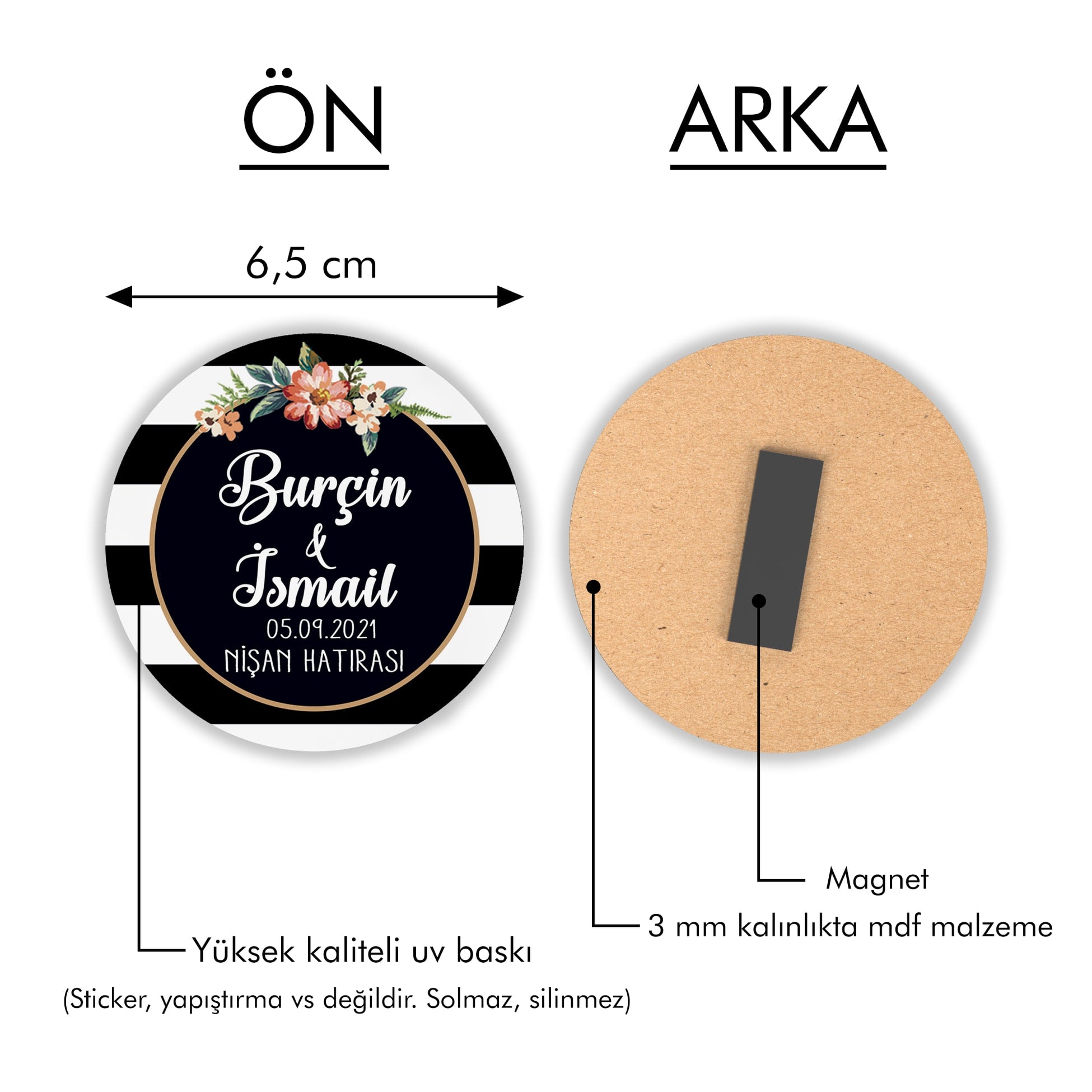 Siyah Beyaz Çiçek Desenli Yuvarlak Ahşap Magnet