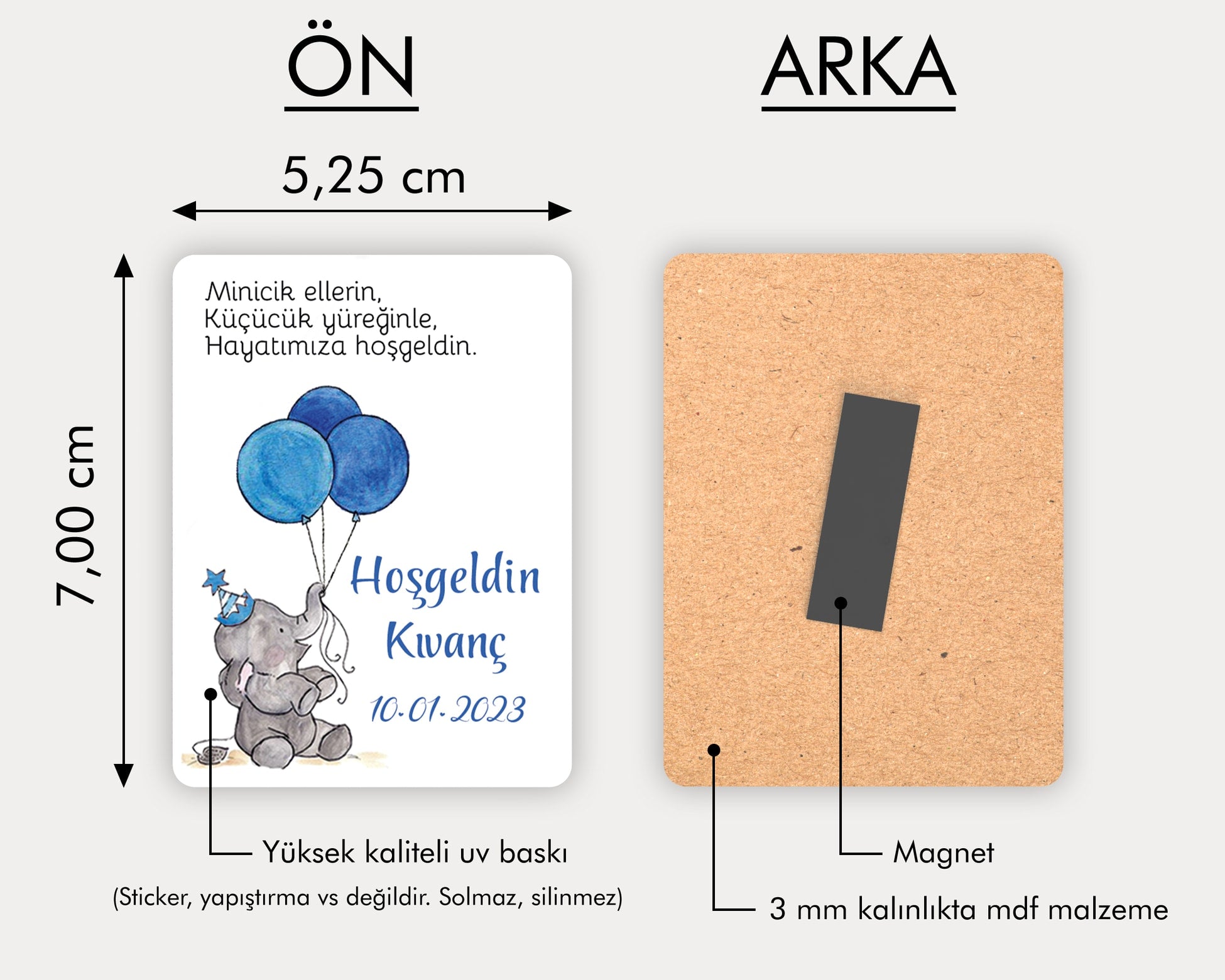 Mavi Balon Tutan Fil Desenli Ahşap Magnet