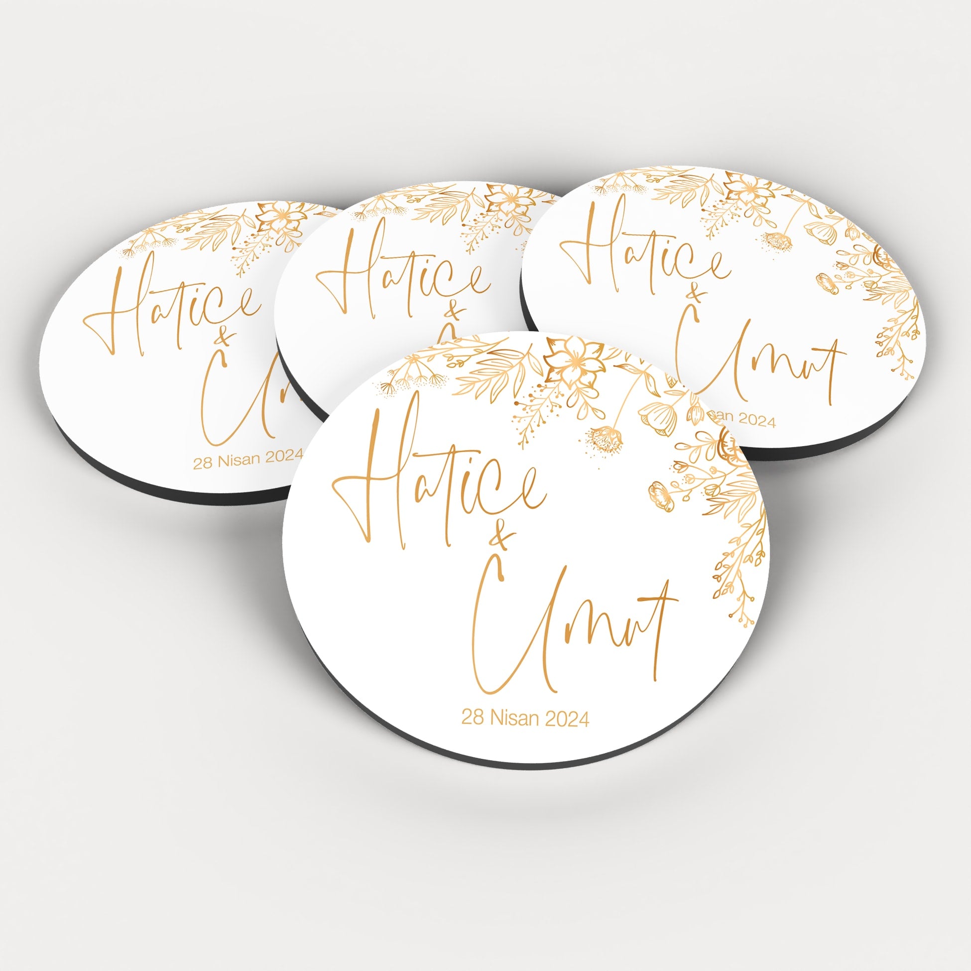 Minimal Gold Çiçek Desenli Yuvarlak Ahşap Magnet