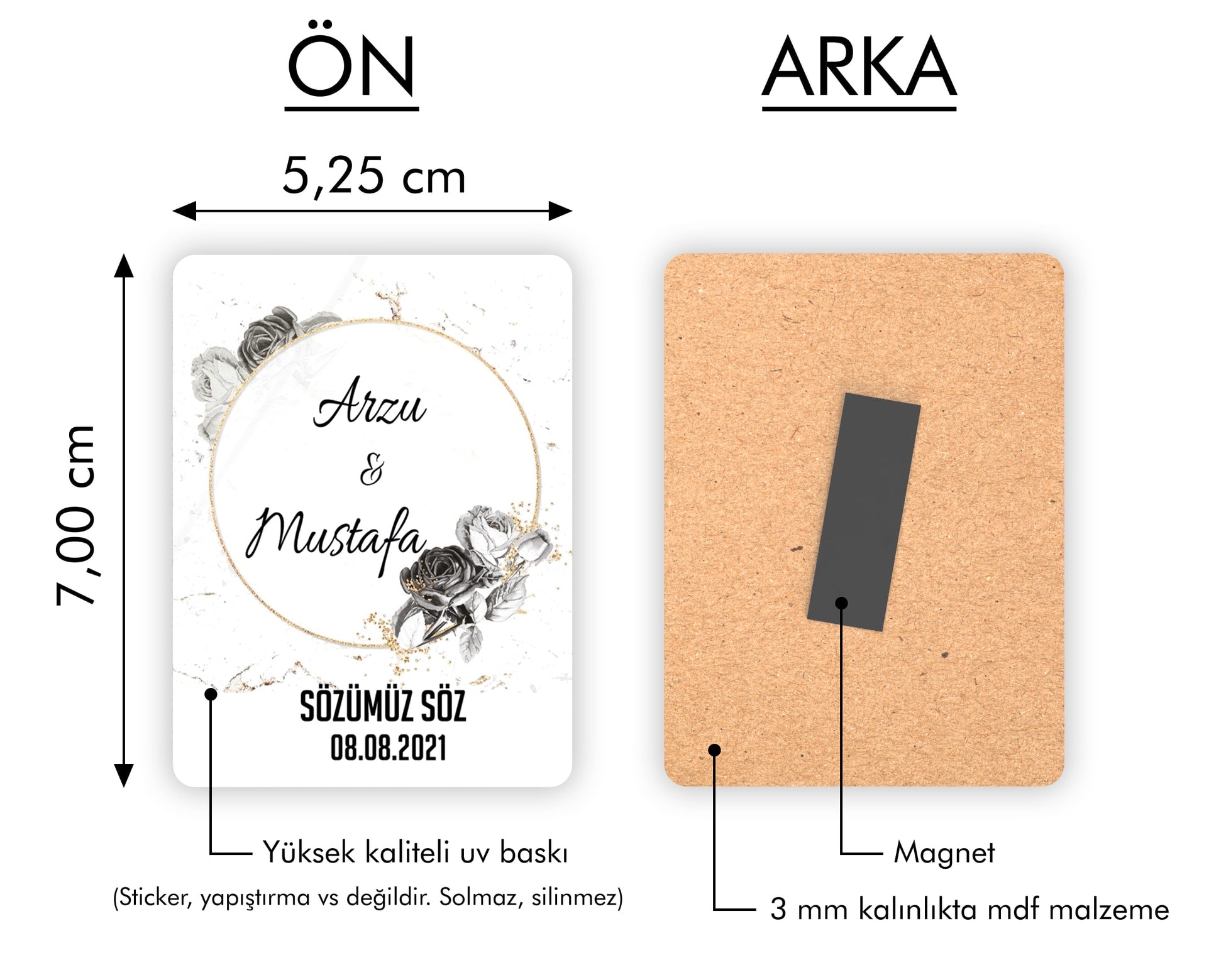 Siyah Gül Çelenk Desenli Ahşap Magnet