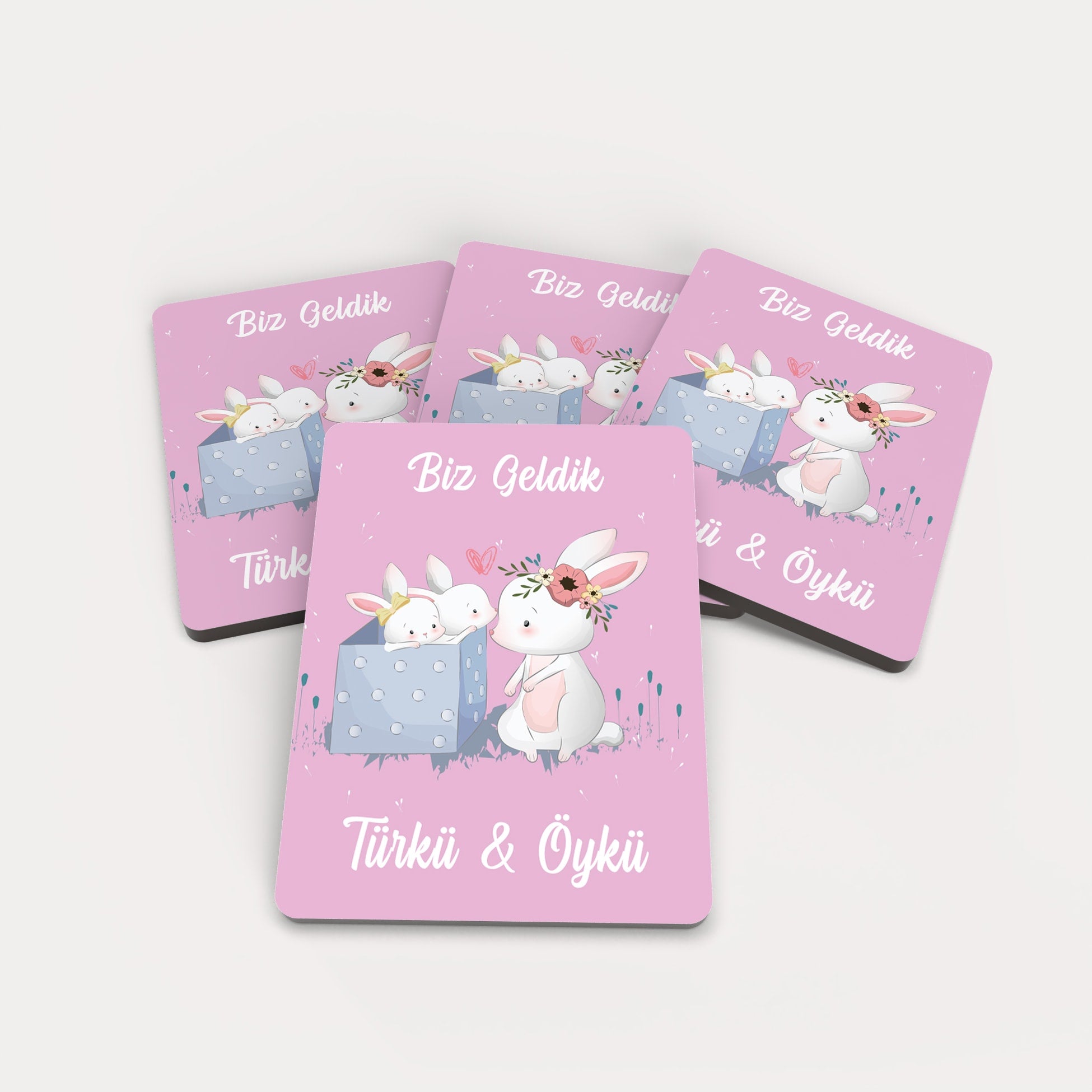 İkiz Tavşan Desenli Ahşap Magnet