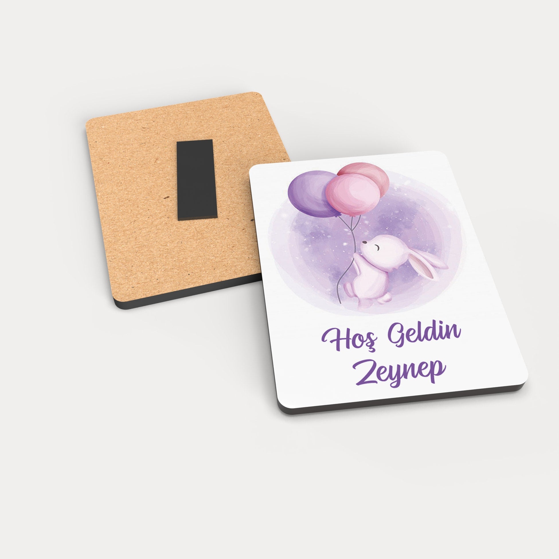Mor Ve Pembe Balonlu Tavşan Desenli Ahşap Magnet