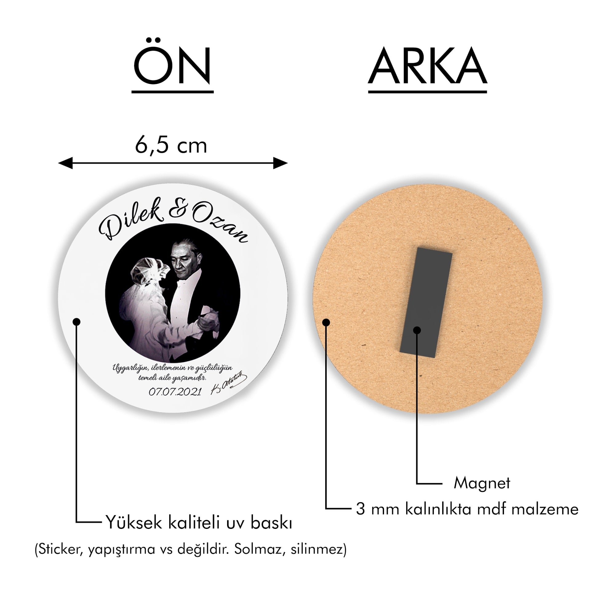 Atatürk Baskılı Yuvarlak Ahşap Magnet