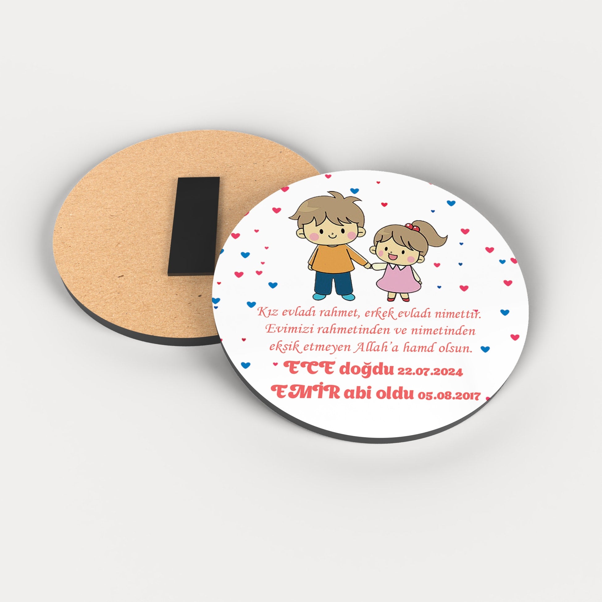 Abi Kardeş Desenli Yuvarlak Ahşap Magnet