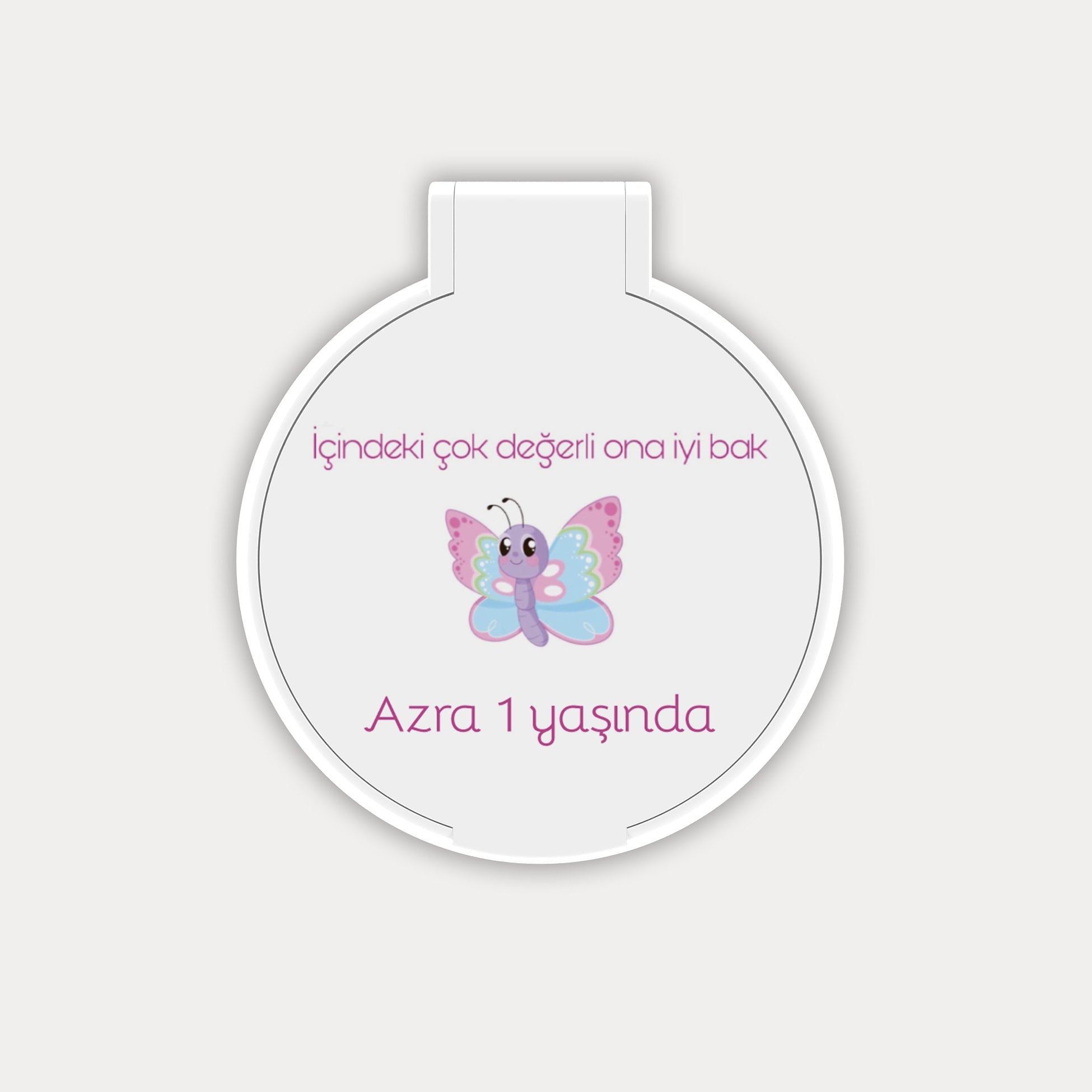 Pembe Mor Kelebek Desenli Yuvarlak Ayna