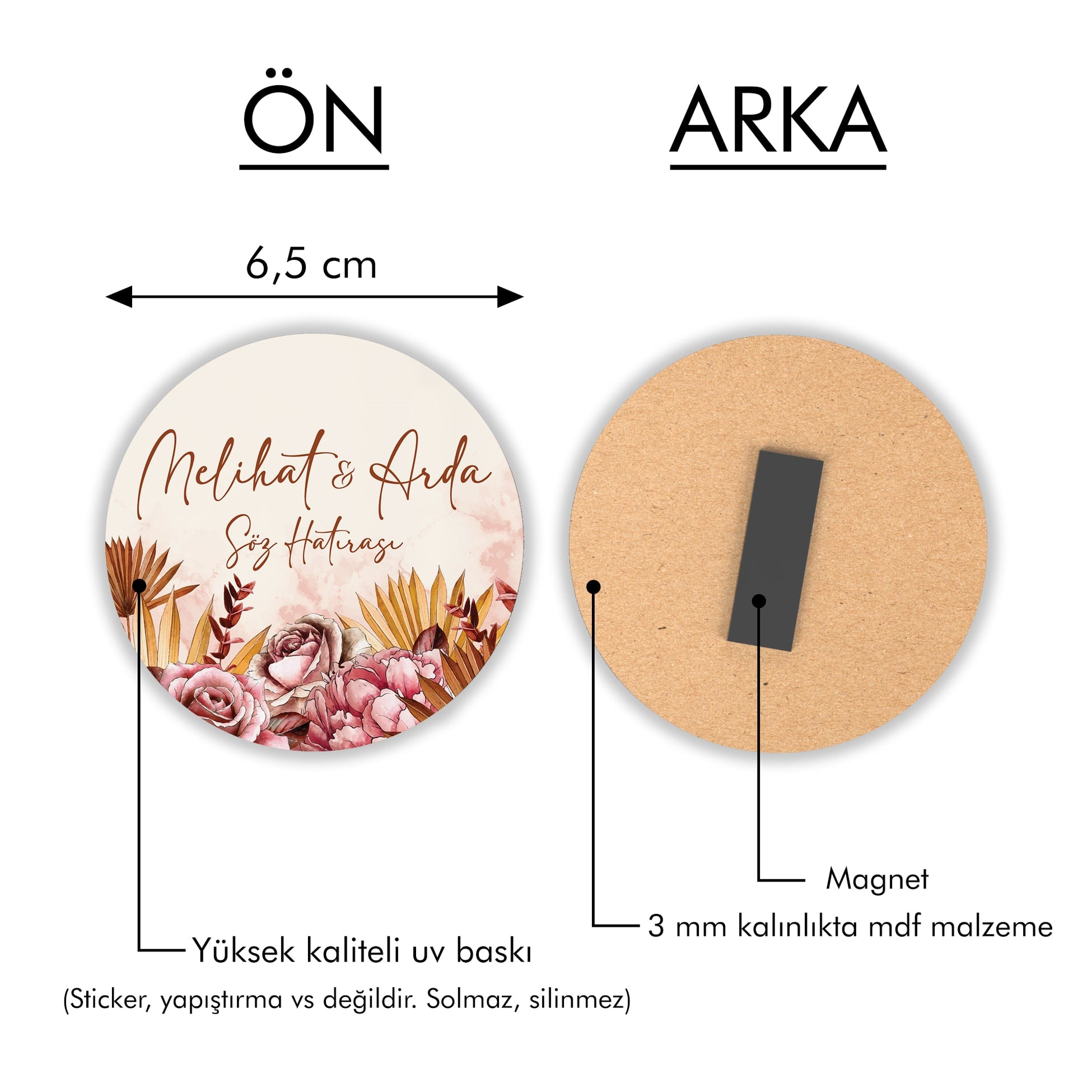 Gold Pembe Çiçek Desenli Yuvarlak Ahşap Magnet