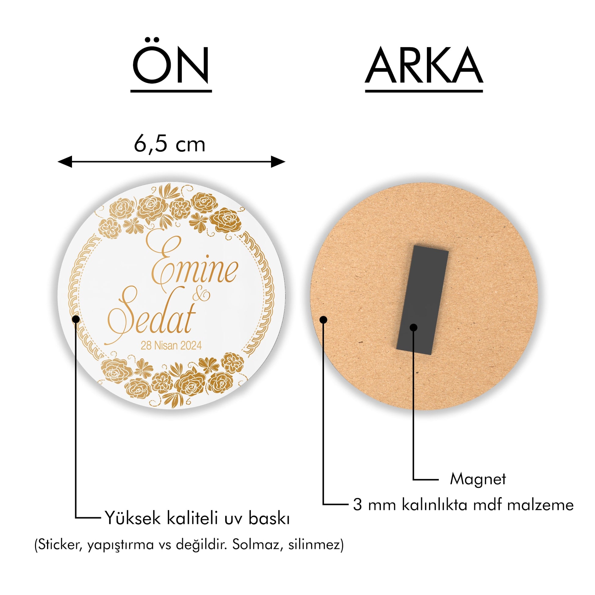 Gold Çiçekli Çerçeve Yuvarlak Ahşap Magnet