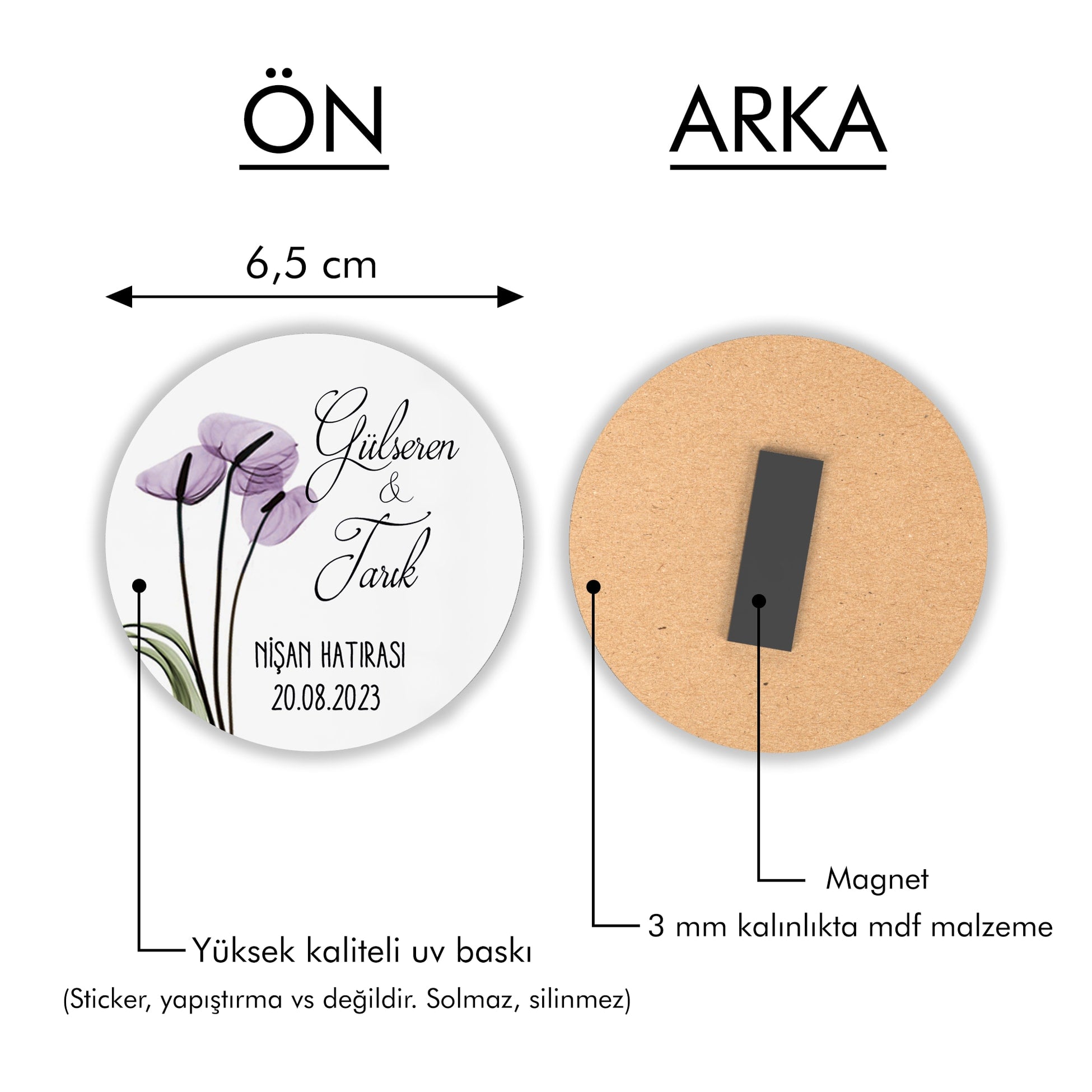 Mor Çiçek Desenli Yuvarlak Ahşap Magnet