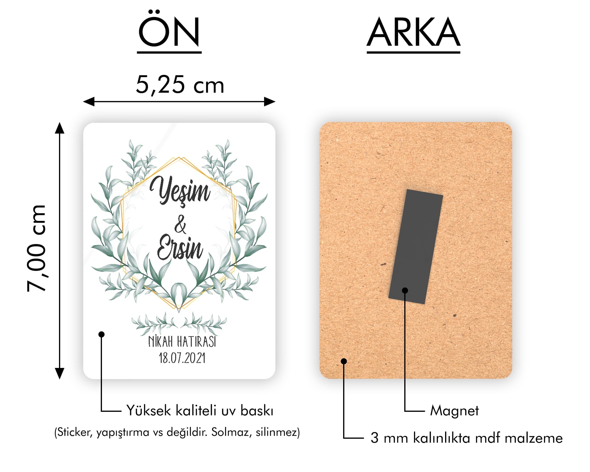Gold Çerçeveli Yeşil Yaprak Desenli Ahşap Magnet