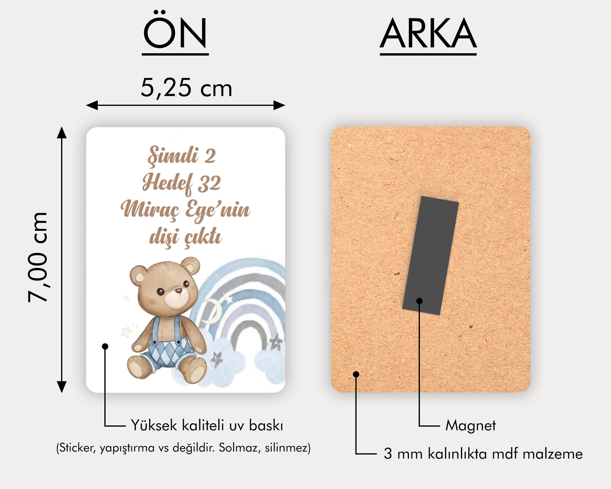 Mavi Ayıcık ve Gökkuşağı Temalı Ahşap Magnet