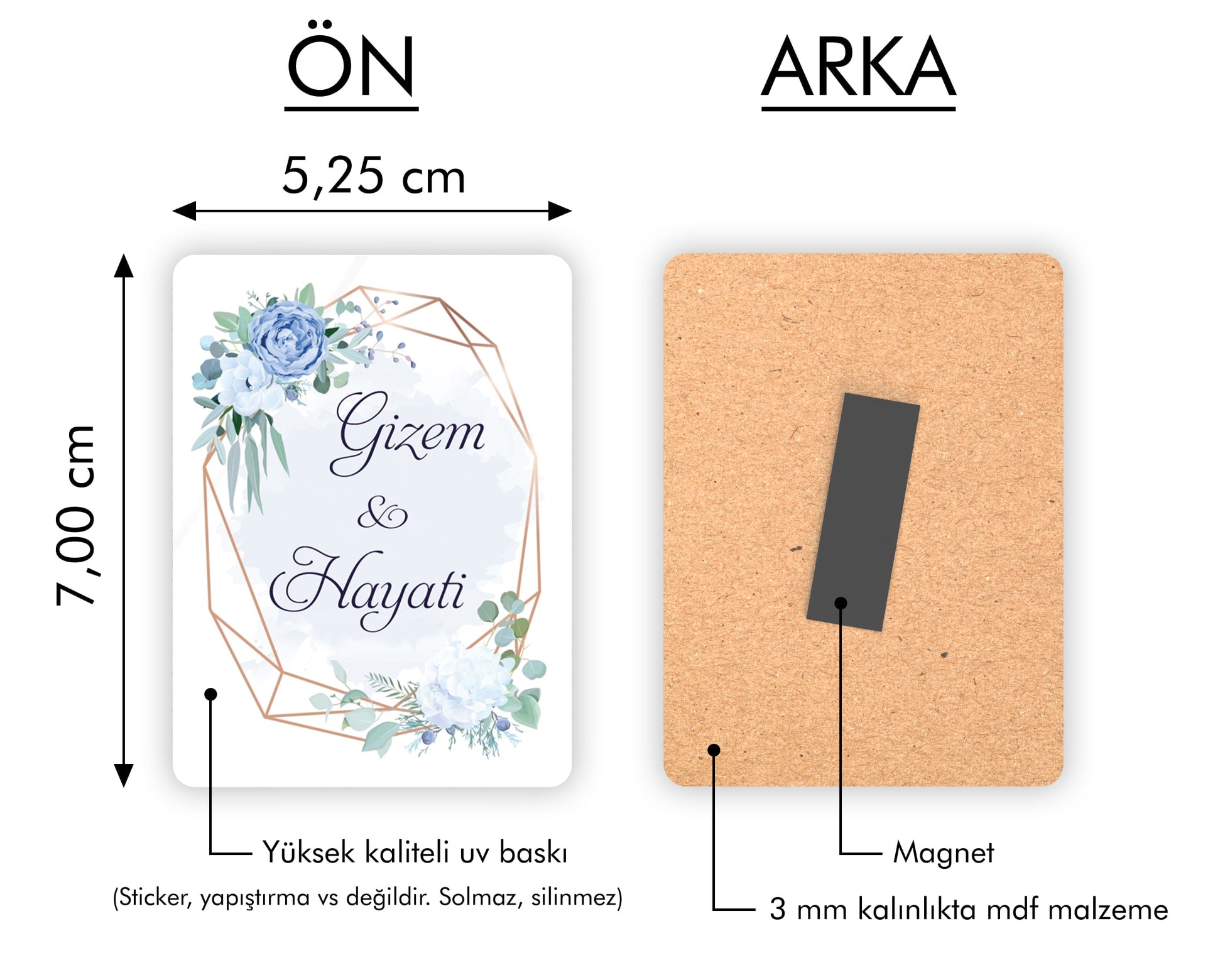 Mavi Çiçek Desenli Ahşap Magnet