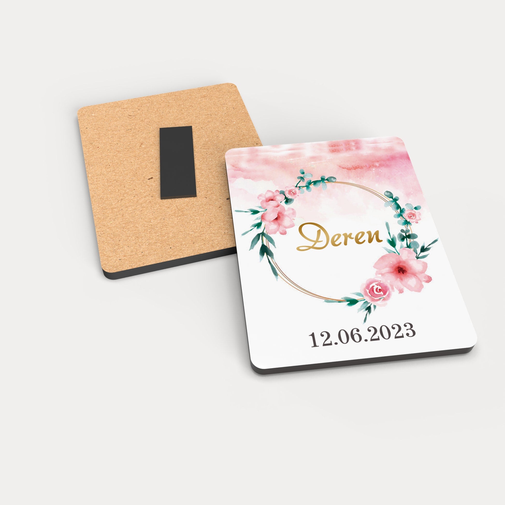 Pembe Çiçek Desenli Ahşap Magnet