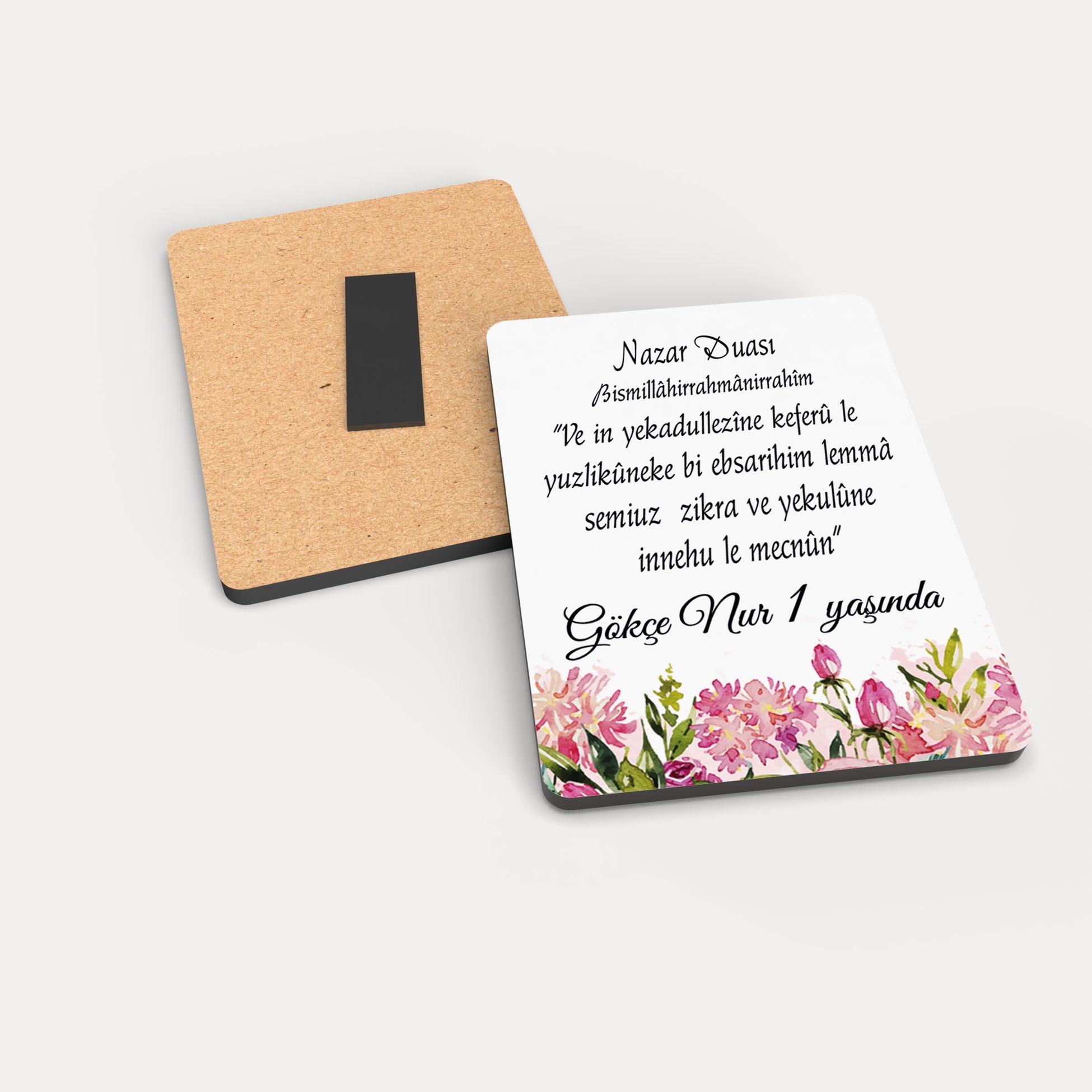 Pembe Çiçekli Nazar Dua Desenli Ahşap Magnet