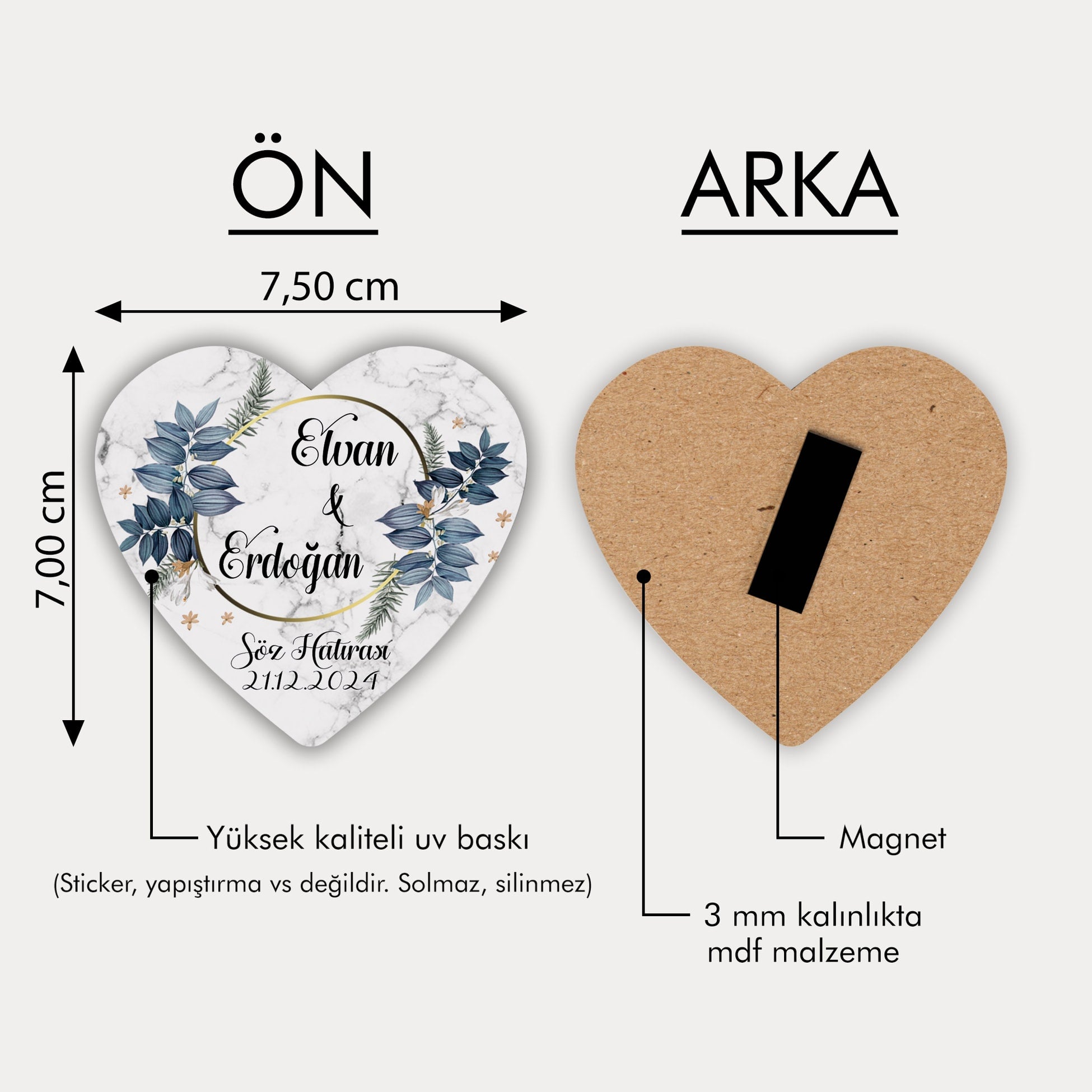 Mavi Çiçek Desenli Ahşap Magnet
