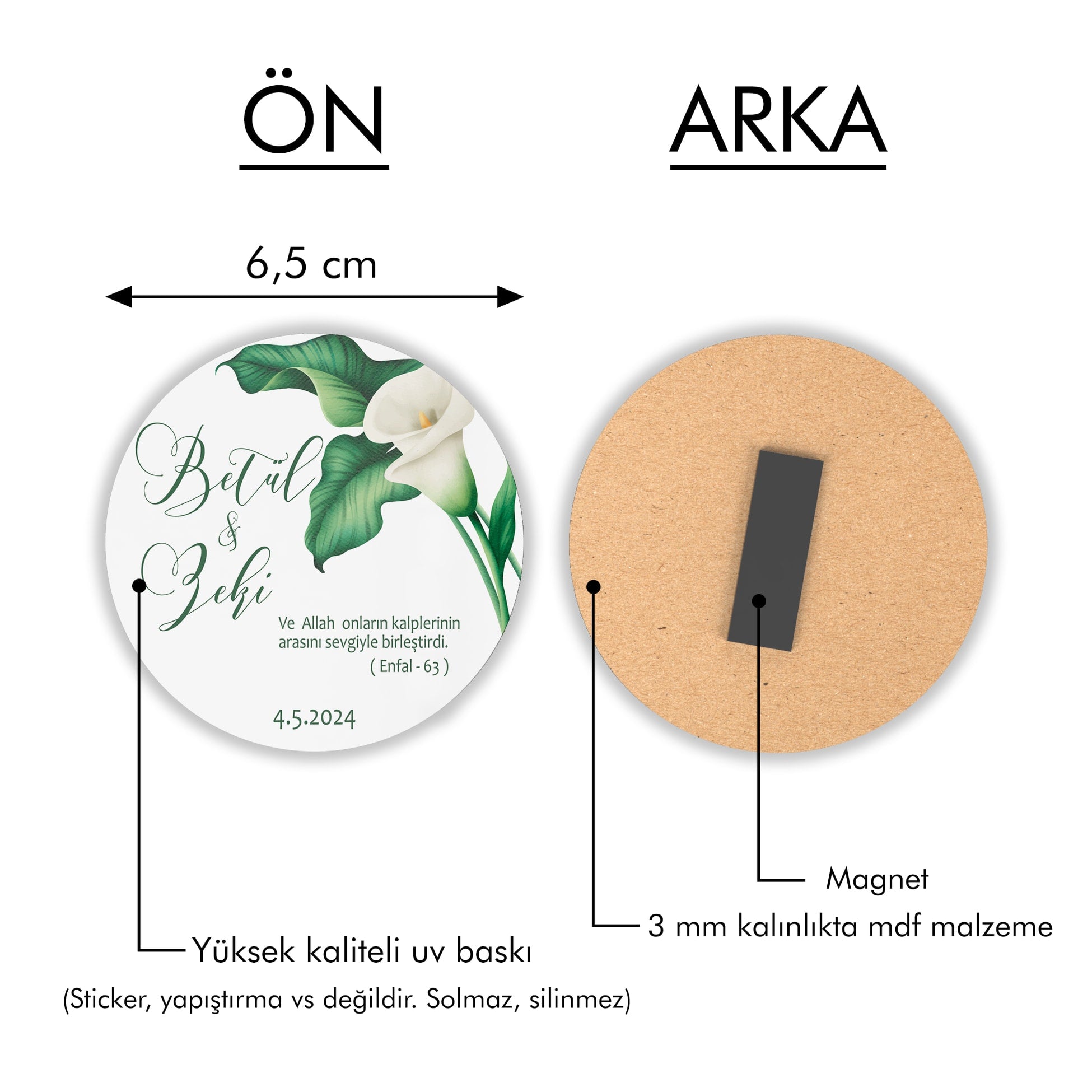 Yeşil Yapraklı Orkide Desenli Yuvarlak Ahşap Magnet