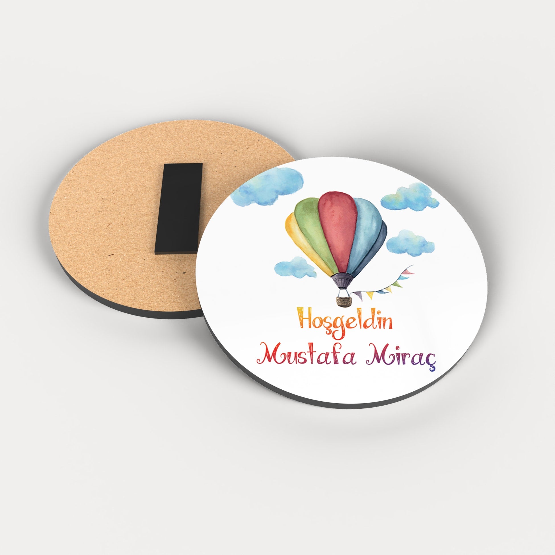 Uçan Balon Desenli Yuvarlak Ahşap Magnet
