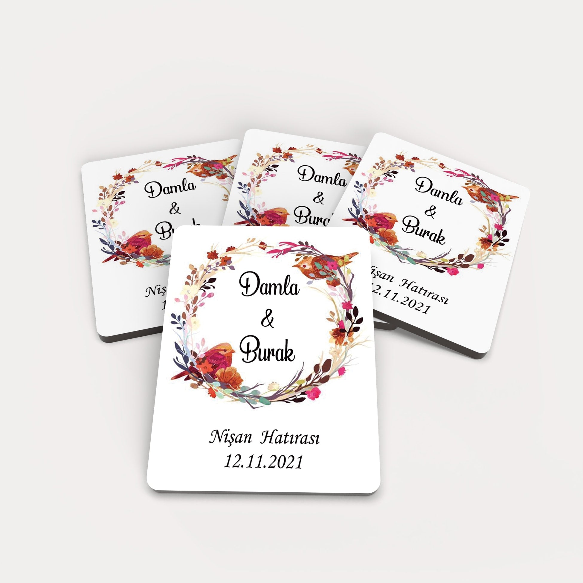 Çiçek Ve Kuş Çember Desenli Ahşap Magnet