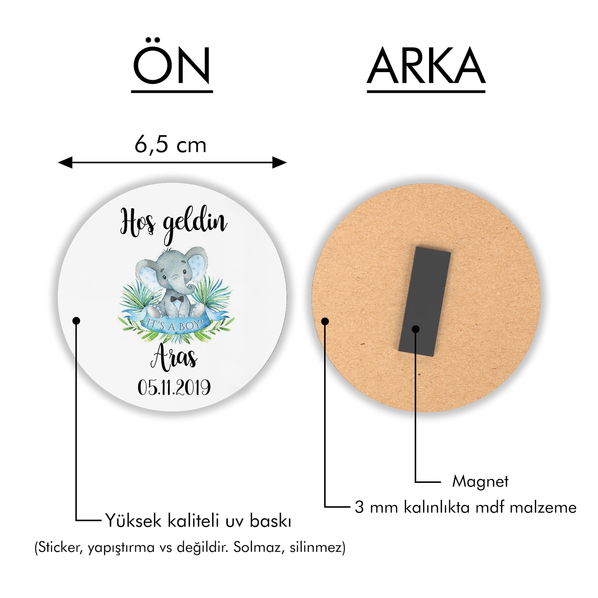 Fil Desenli Yuvarlak Ahşap Magnet