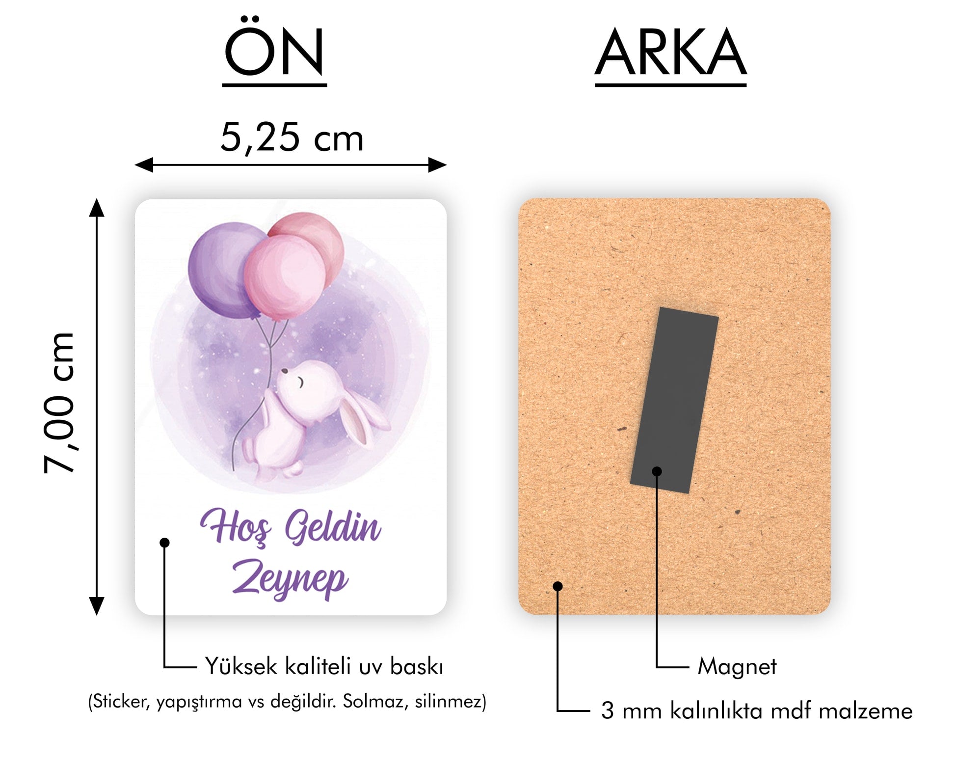 Mor Ve Pembe Balonlu Tavşan Desenli Ahşap Magnet