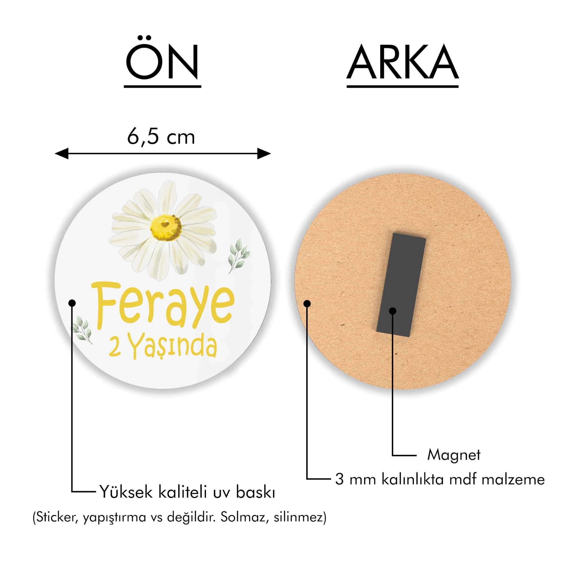 Papatya Desenli Yuvarlak Ahşap Magnet