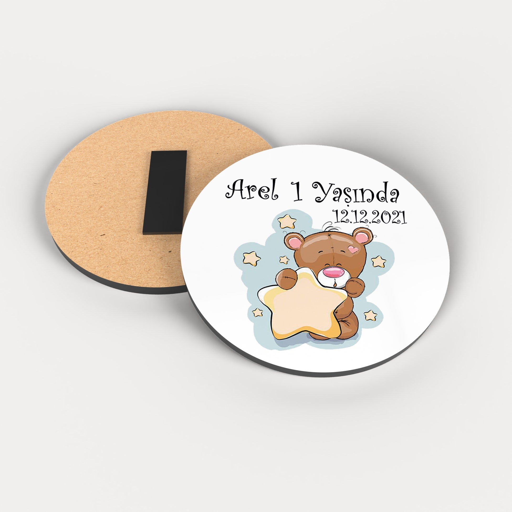 Ayıcık Desenli Yuvarlak Ahşap Magnet