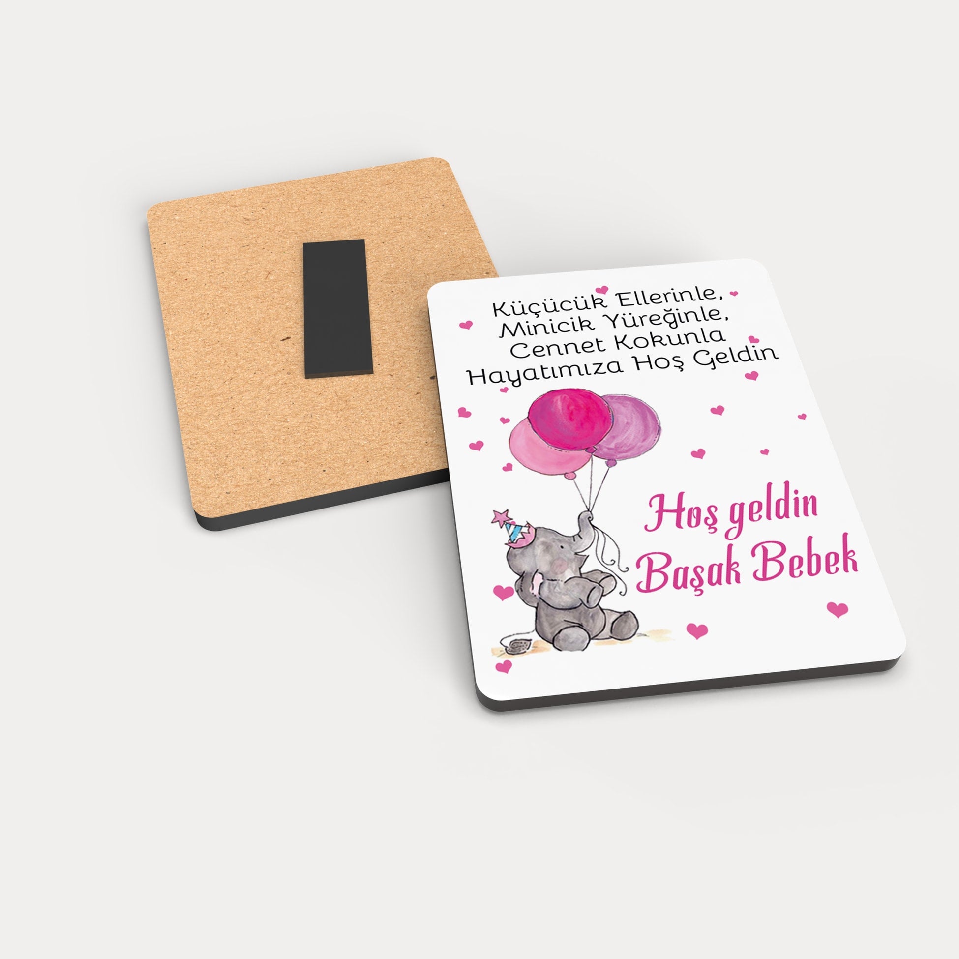 Pembe Balon Tutan Fil Desenli Ahşap Magnet