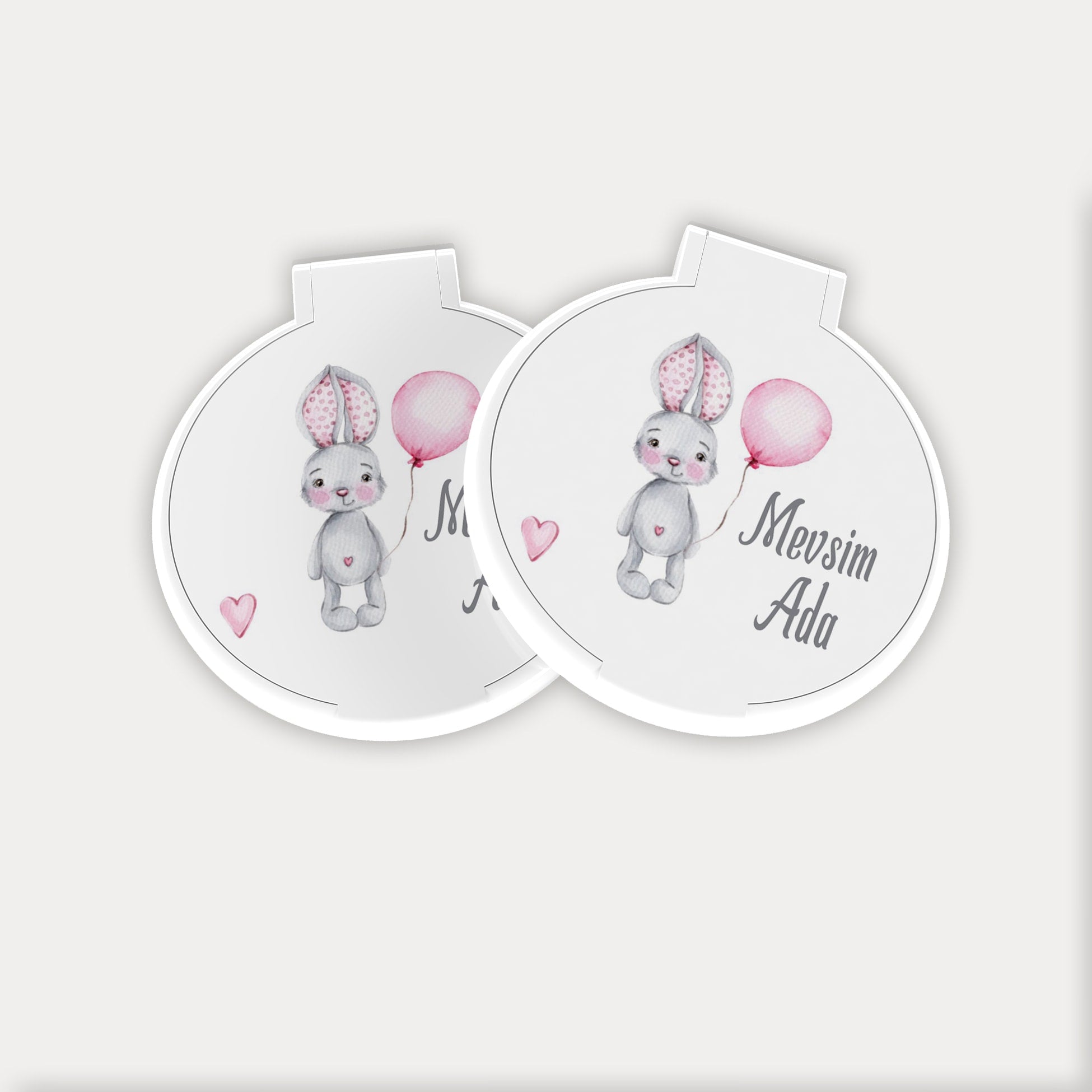 Pembe Balon Tutan Tavşan Deseni Yuvarlak Ayna