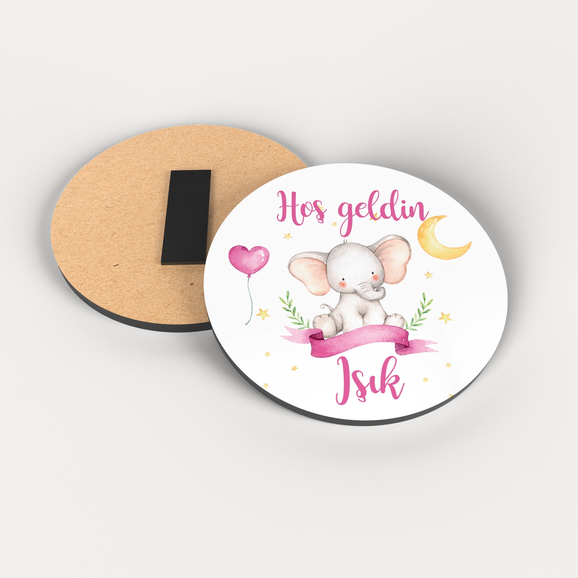 Pembe Fil Desenli Yuvarlak Ahşap Magnet