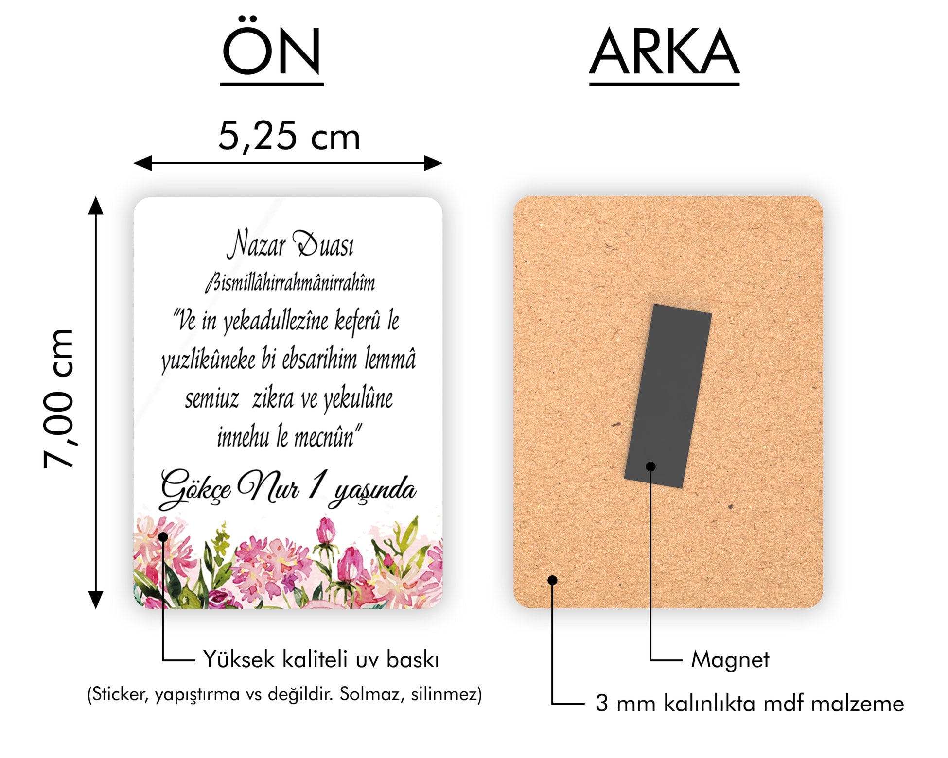 Pembe Çiçekli Nazar Dua Desenli Ahşap Magnet