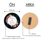 Siyah Arka Plan Çiçek Desenli Yuvarlak Ahşap Magnet