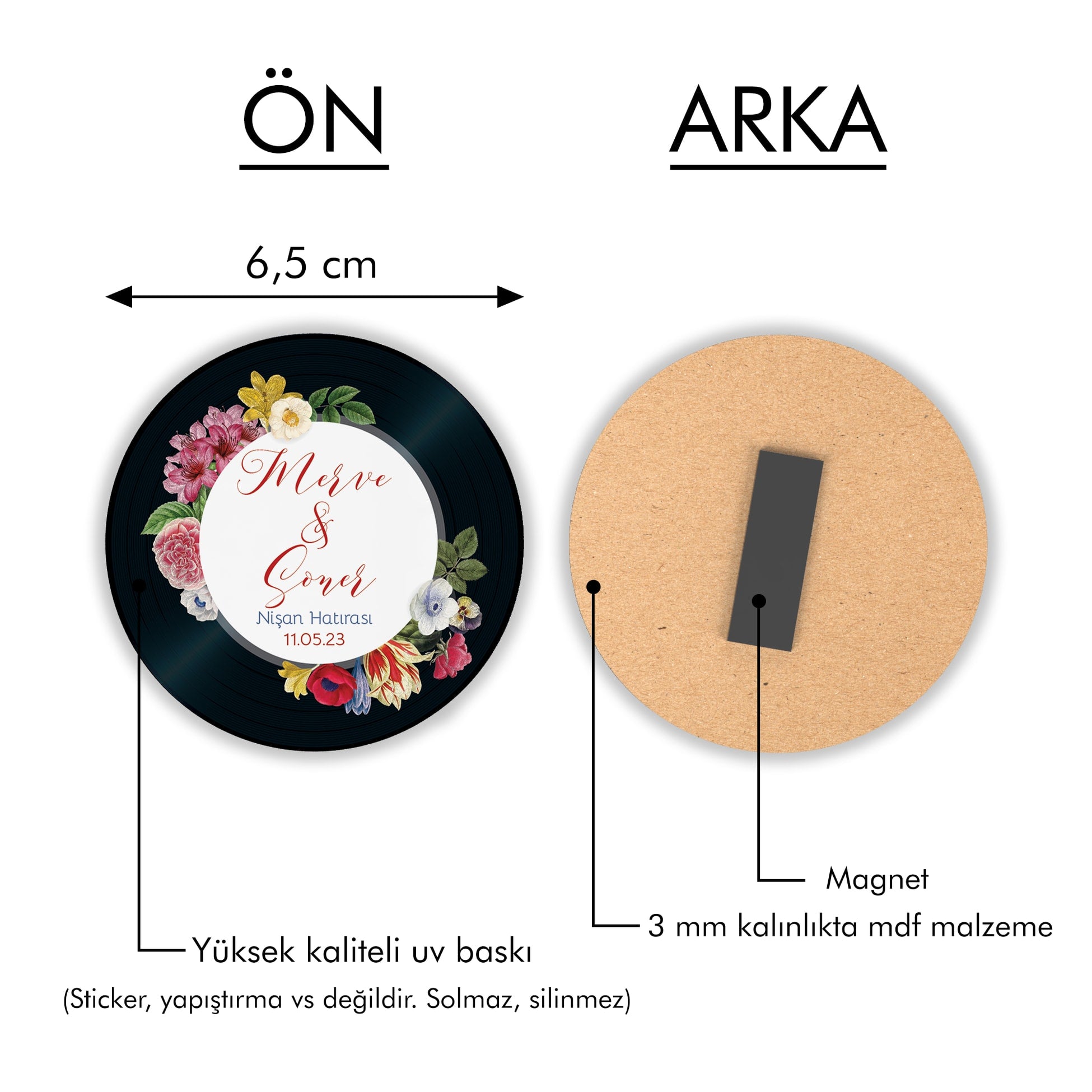 Siyah Arka Plan Çiçek Desenli Yuvarlak Ahşap Magnet