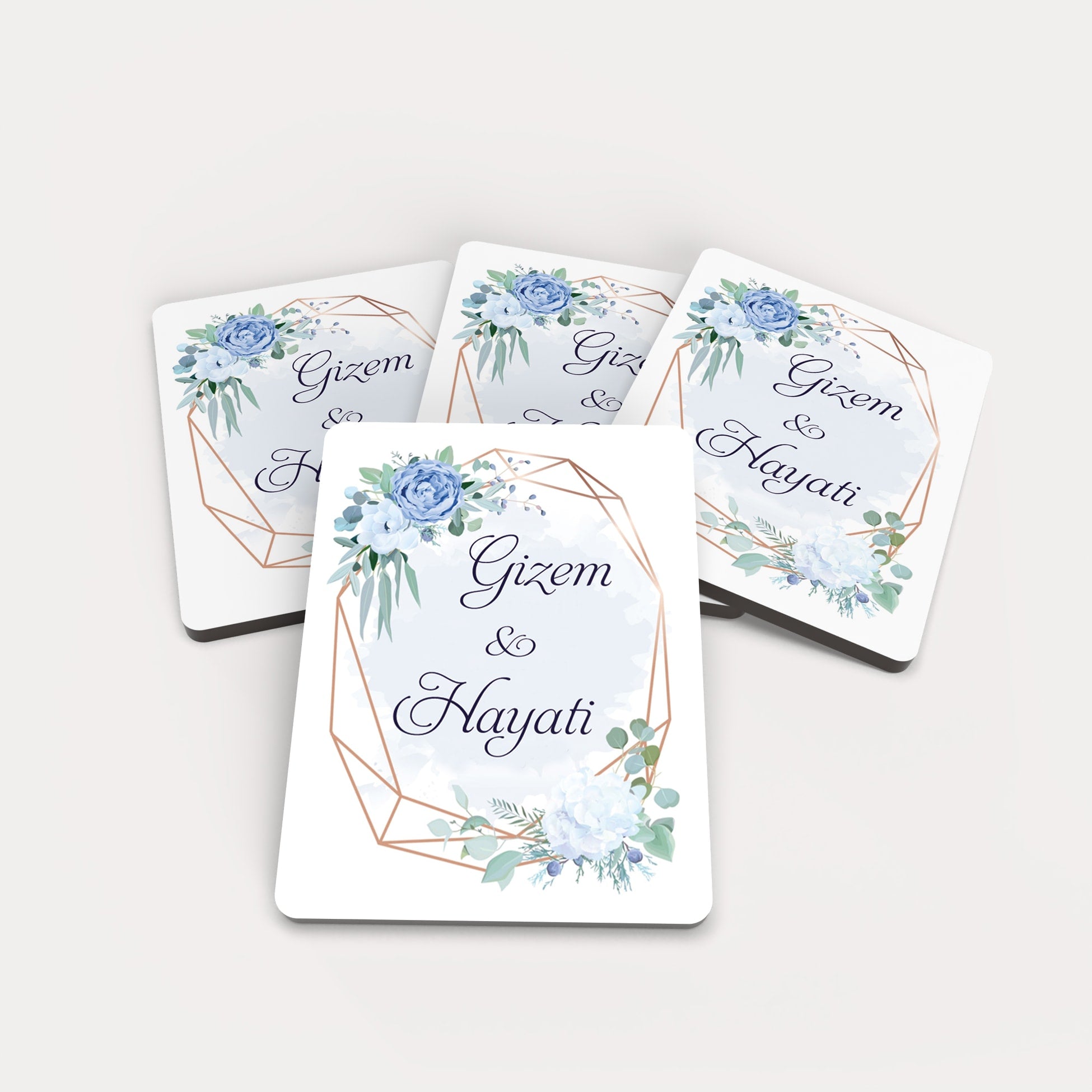 Mavi Çiçek Desenli Ahşap Magnet