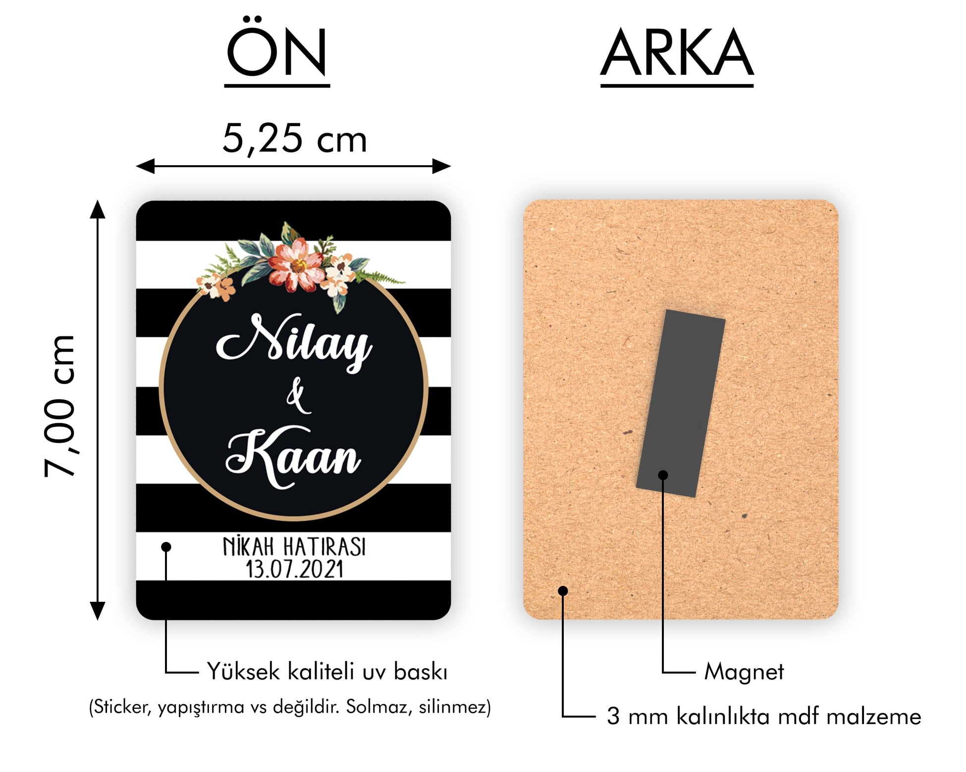 Siyah Beyaz Çiçek Desenli Ahşap Magnet