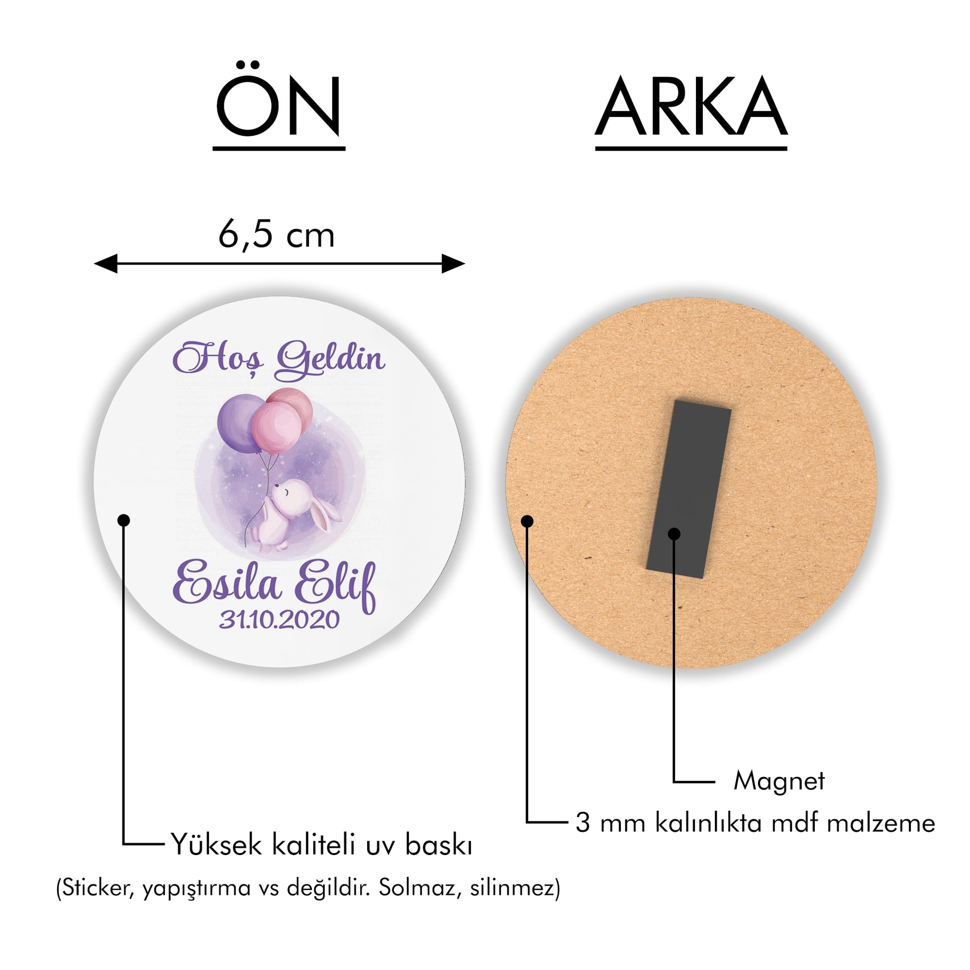 Mor Ve Pembe Balonlu Tavşan Desenli Yuvarlak Ahşap Magnet