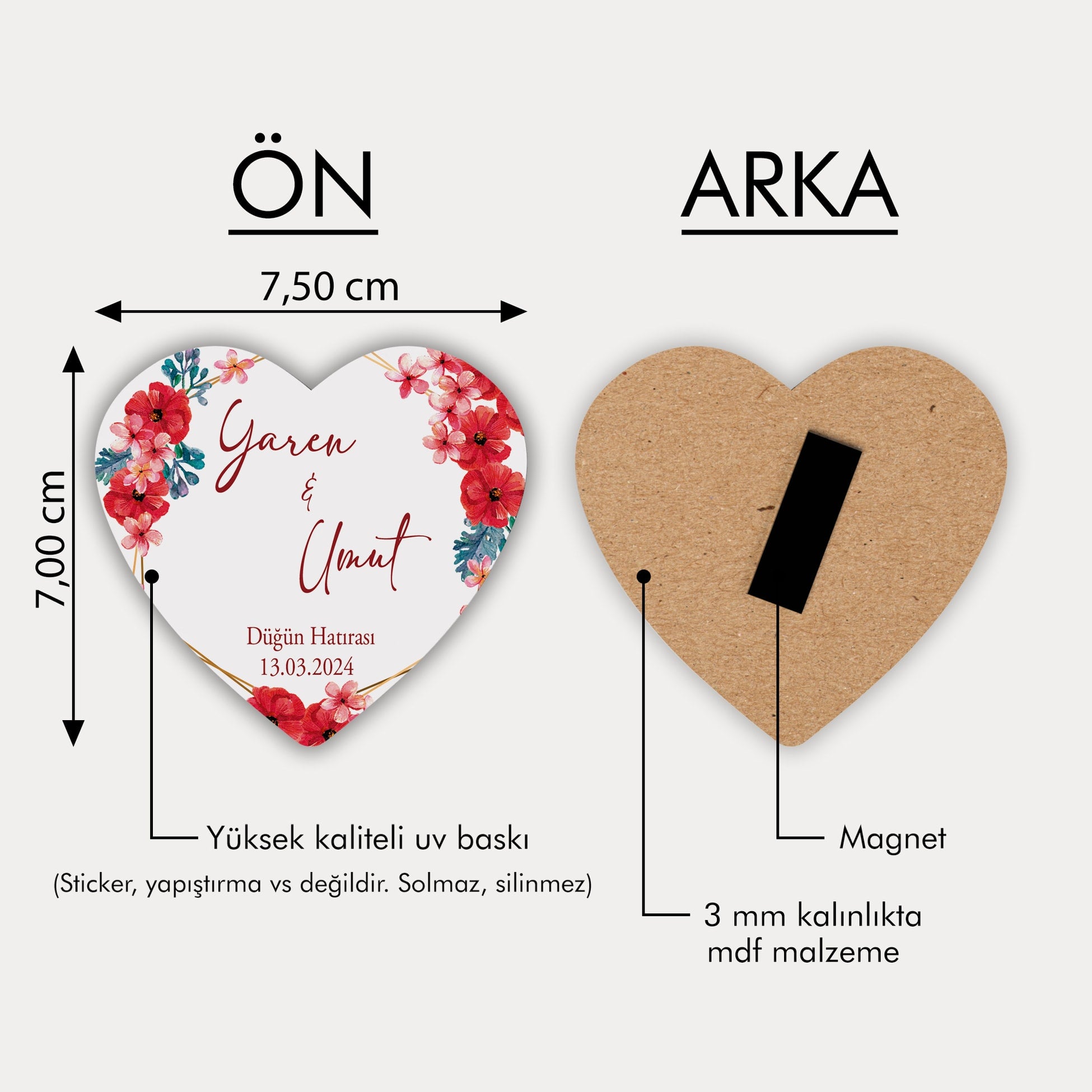 Kırmızı Çiçek Desenli Ahşap Magnet