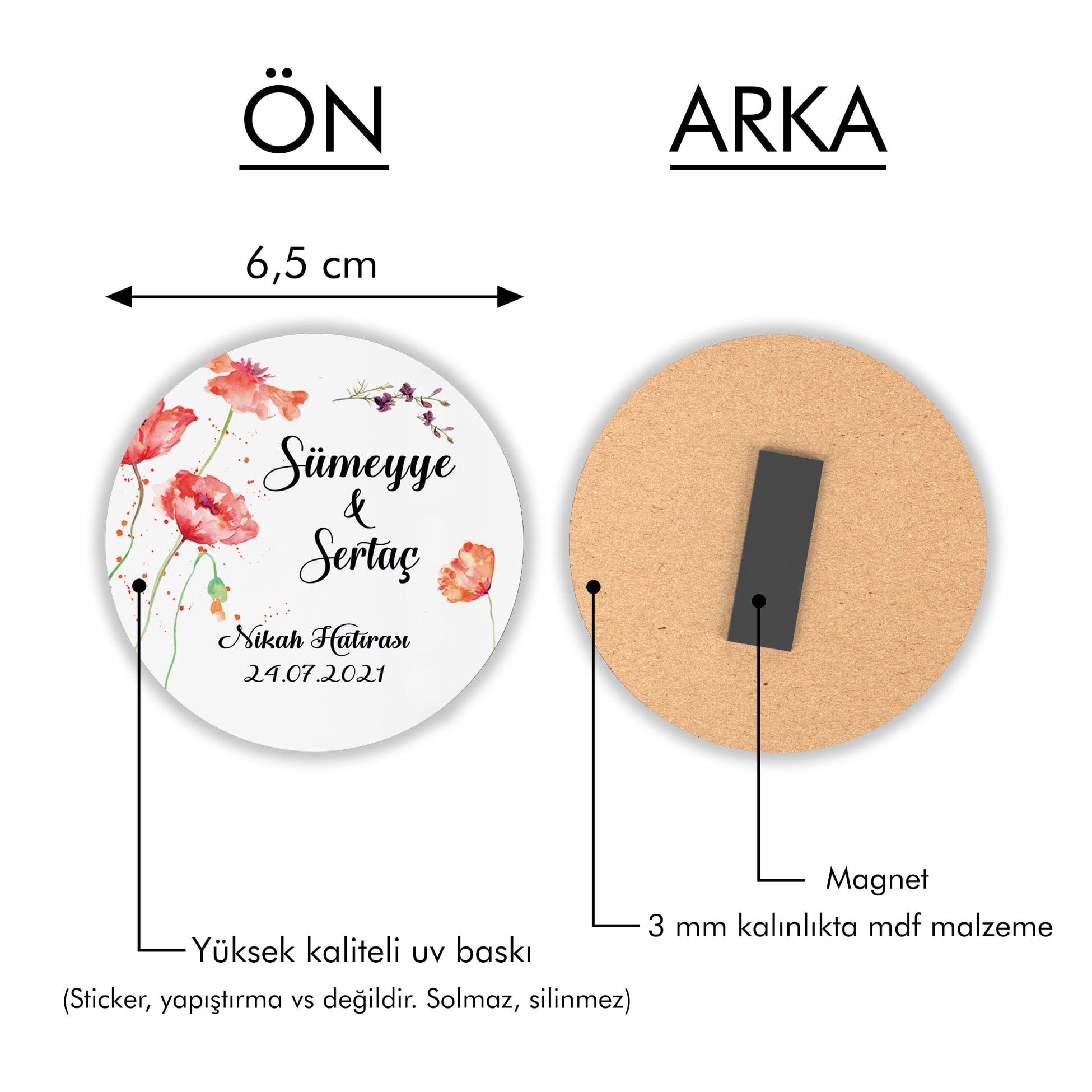 Gelincik Desenli Yuvarlak Ahşap Magnet