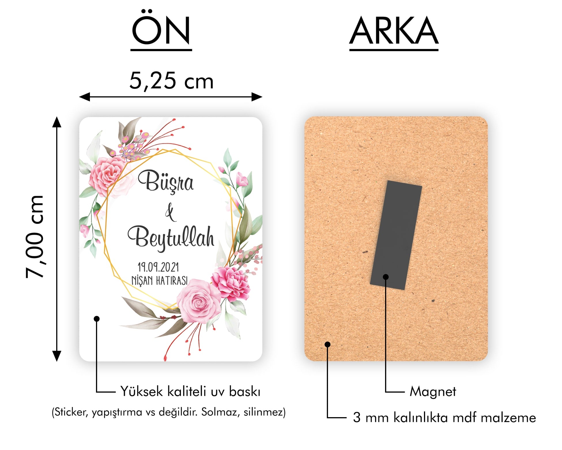 Gold Çerçeveli Pembe Gül Desenli Ahşap Magnet