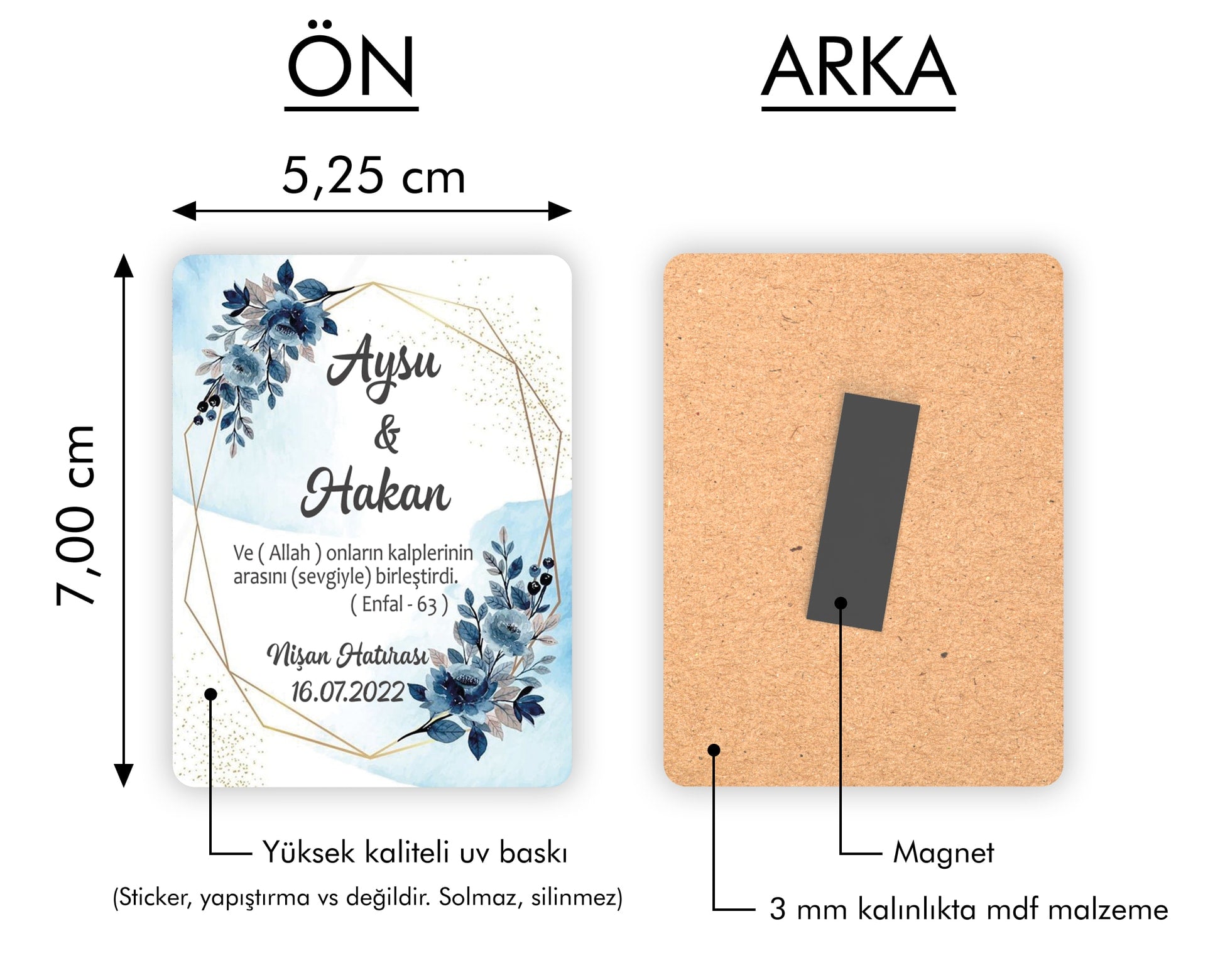Mavi Çiçek Desenli Ahşap Magnet