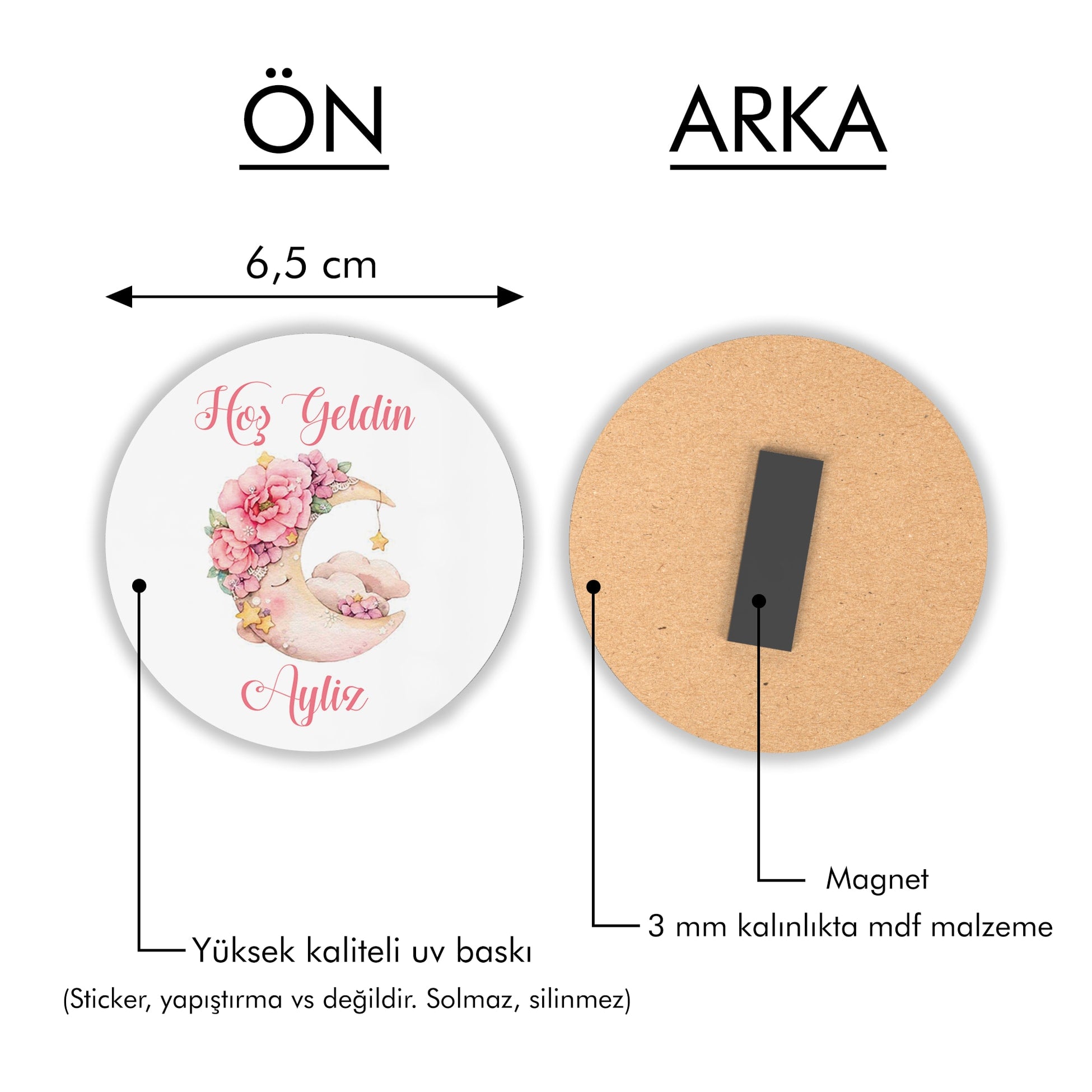 Ay Desenli Yuvarlak Ahşap Magnet