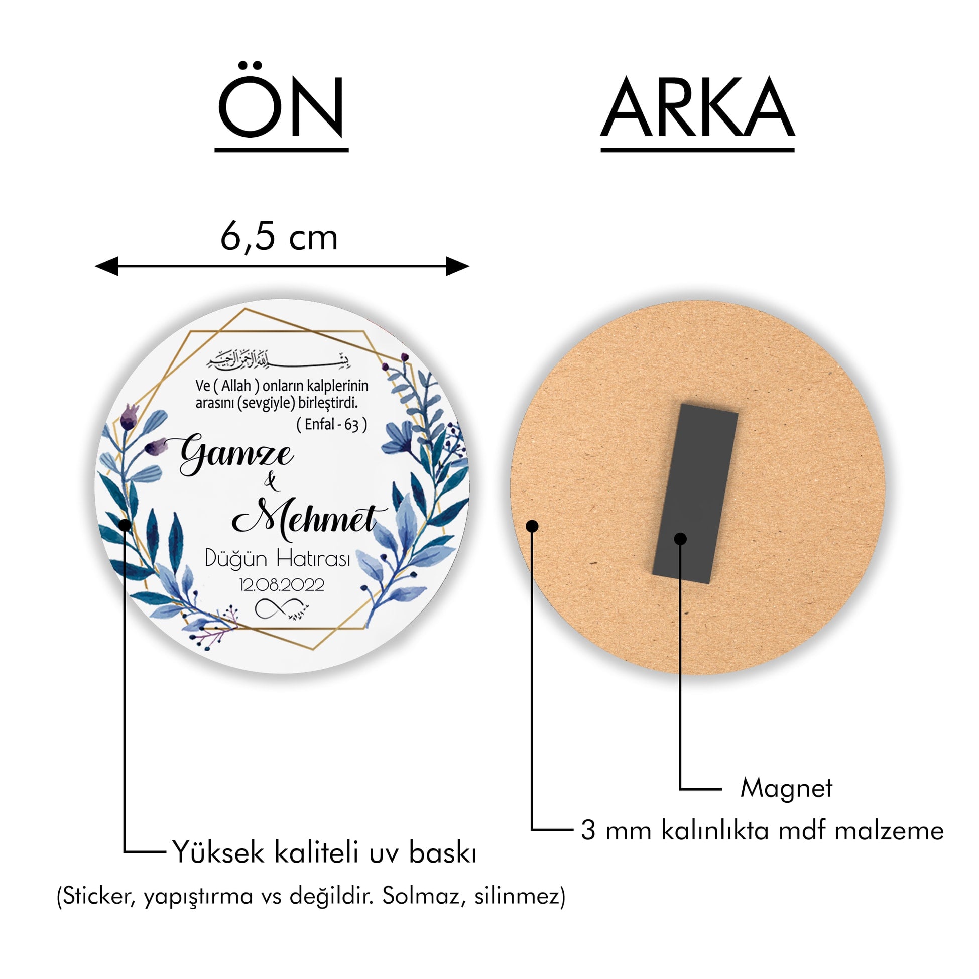 Mavi Çiçek Desenli Yuvarlak Ahşap Magnet