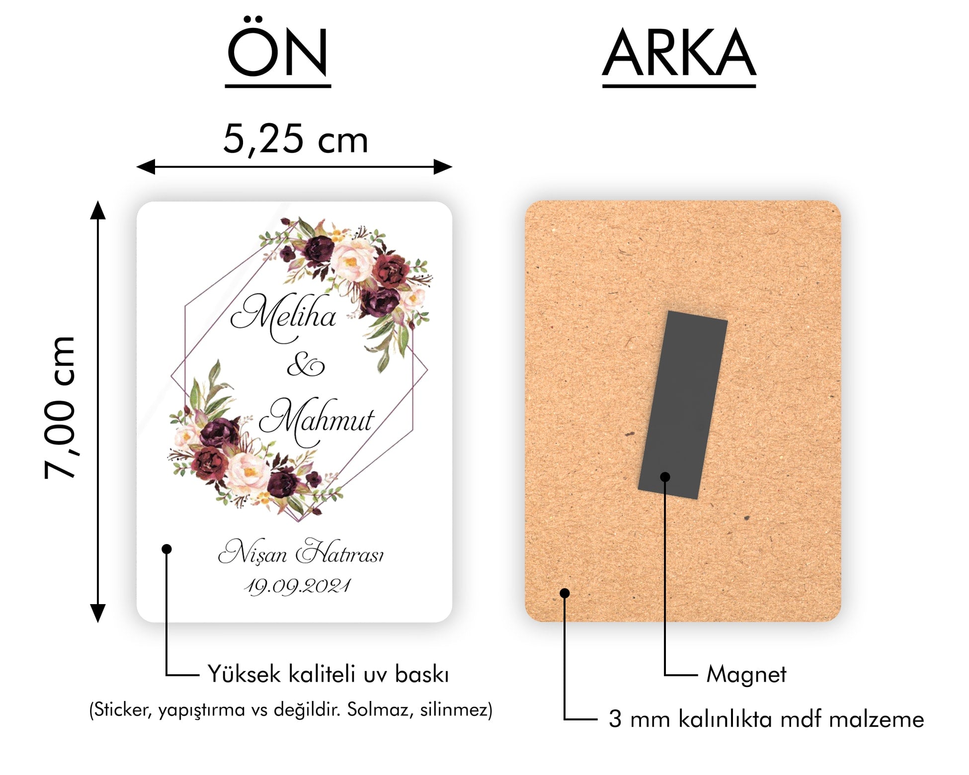 Bordo Çiçek Desenli Ahşap Magnet