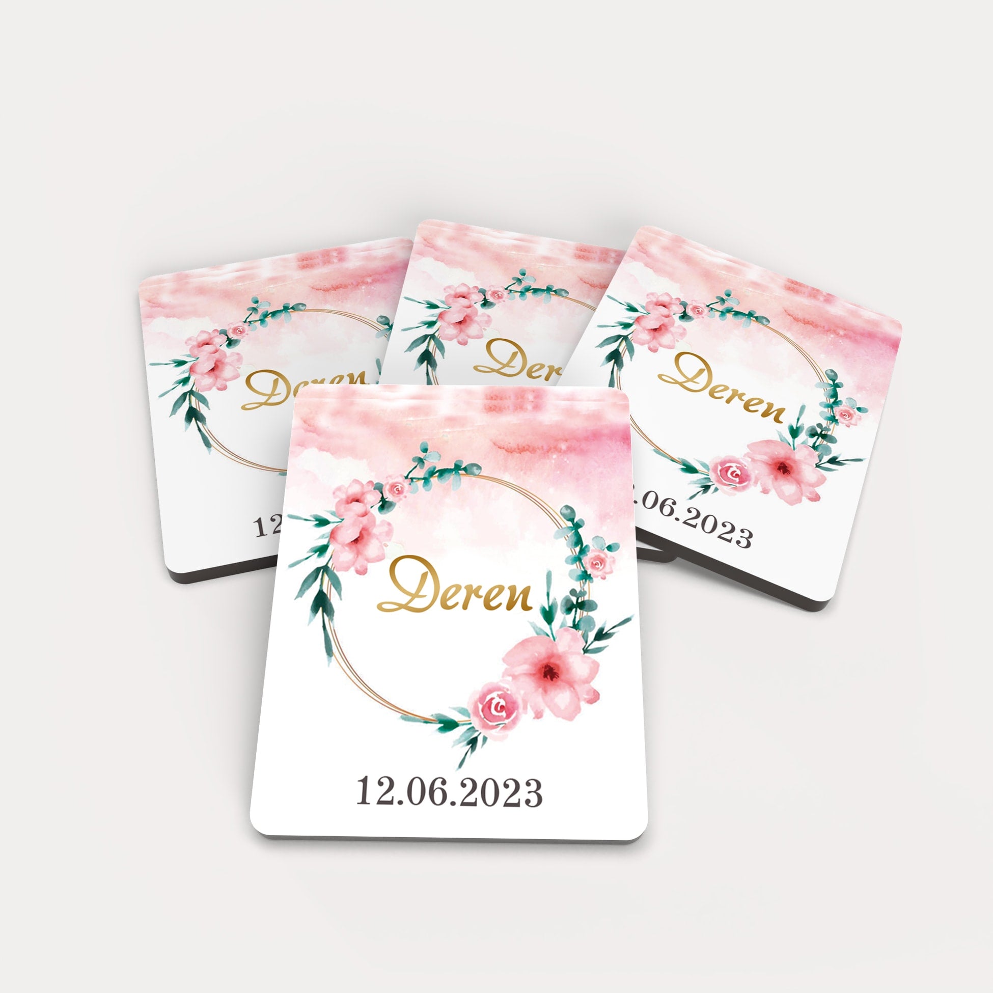 Pembe Çiçek Desenli Ahşap Magnet